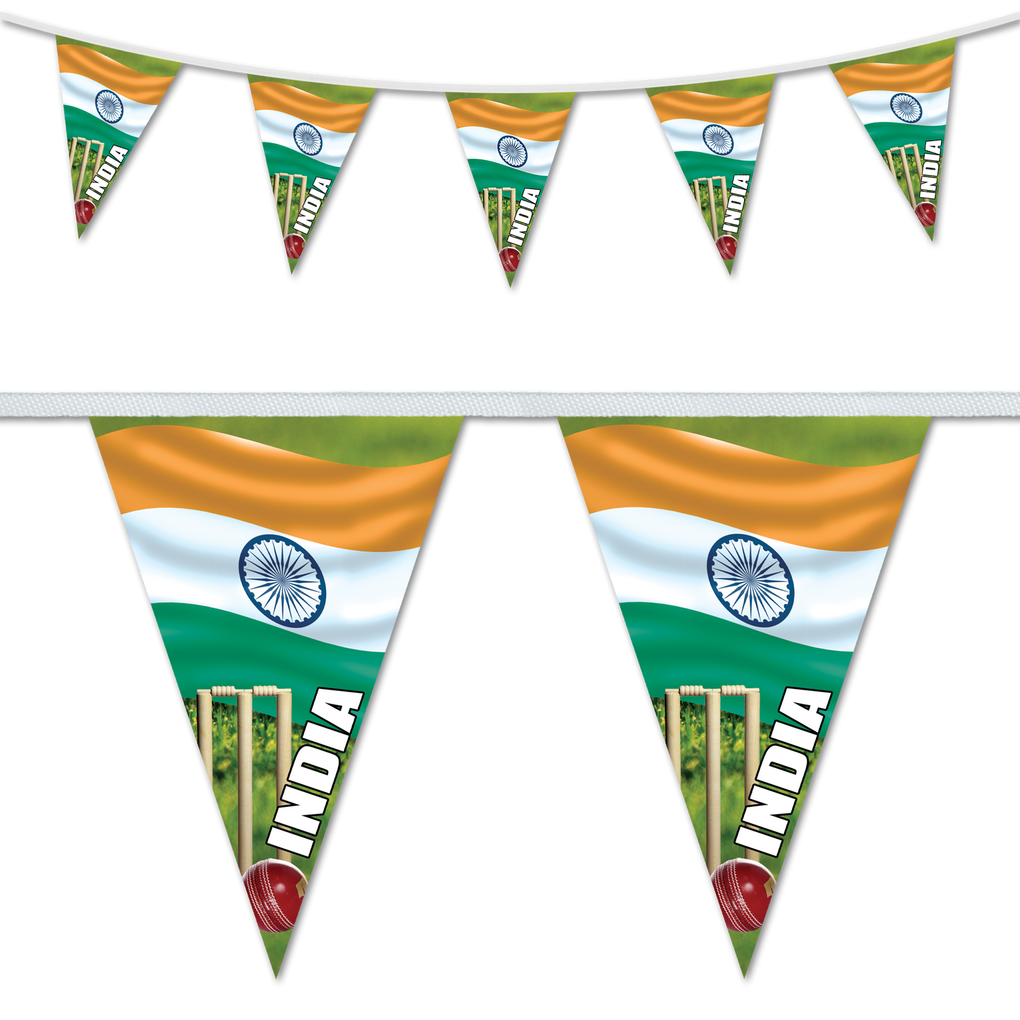 Bunting with a cricket theme, featuring the Indian flag colours. India Cricket Bunting