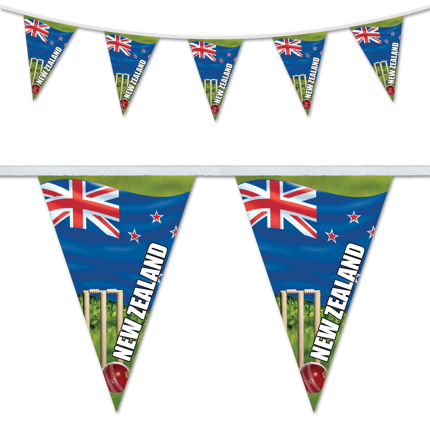Cricket themed bunting with the New Zealand flag design.