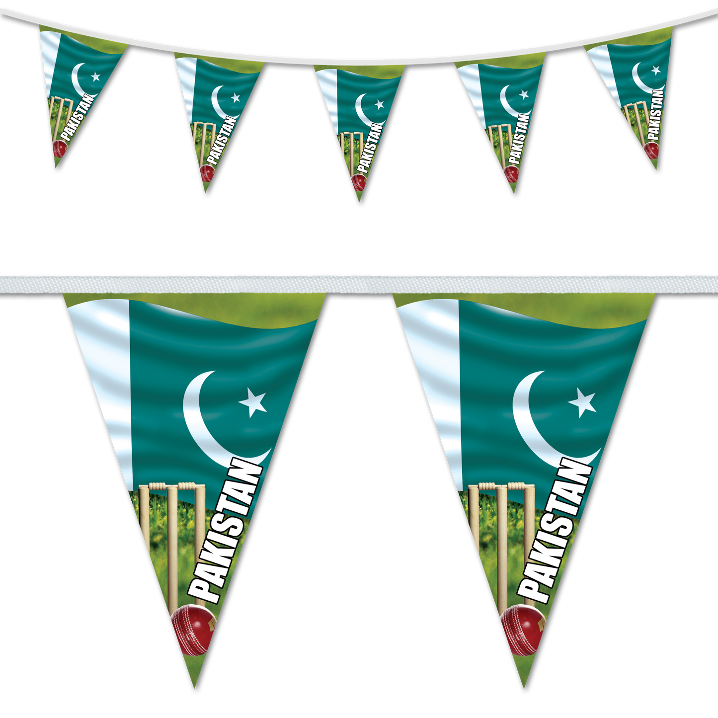 Cricket bunting flags with a green and white design, featuring the Pakistan flag, and text that reads 'Pakistan'