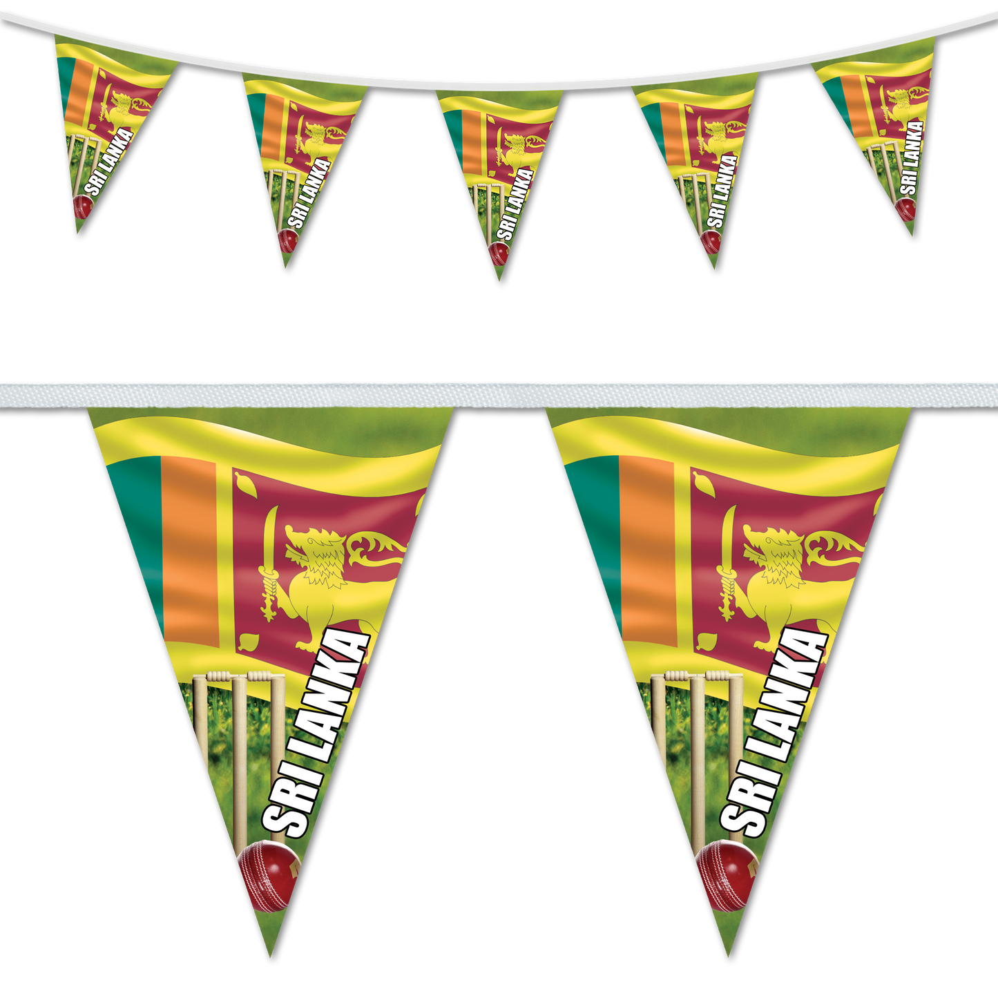 Cricket themed bunting with the Sri Lanka national flag design, including green, yellow, and red colors, and the text 'SRI LANKA' along with a graphic of a cricket pitch and a ball.