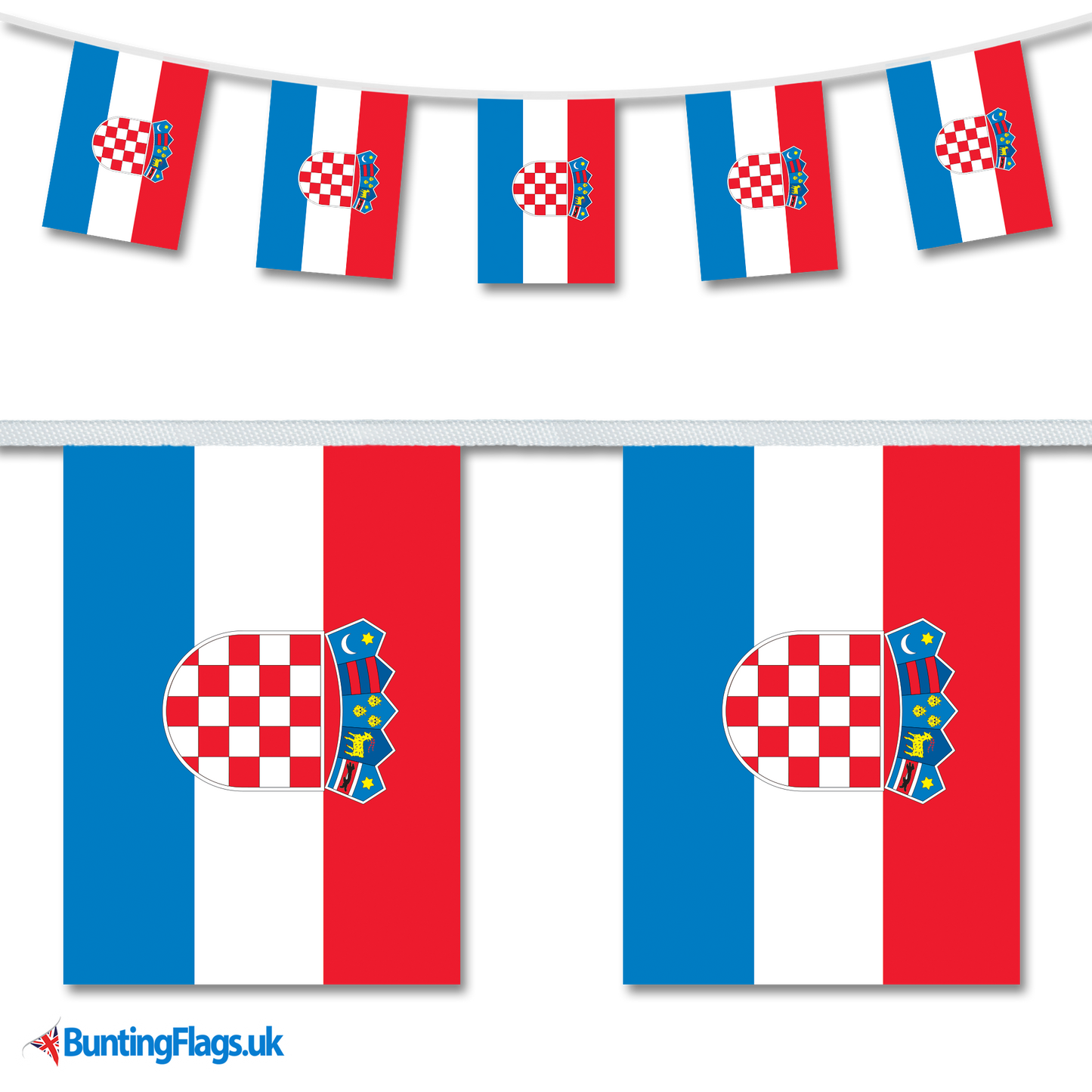 Croatia country flag bunting hanging in a length, along with a close-up view showcasing the flag's design.