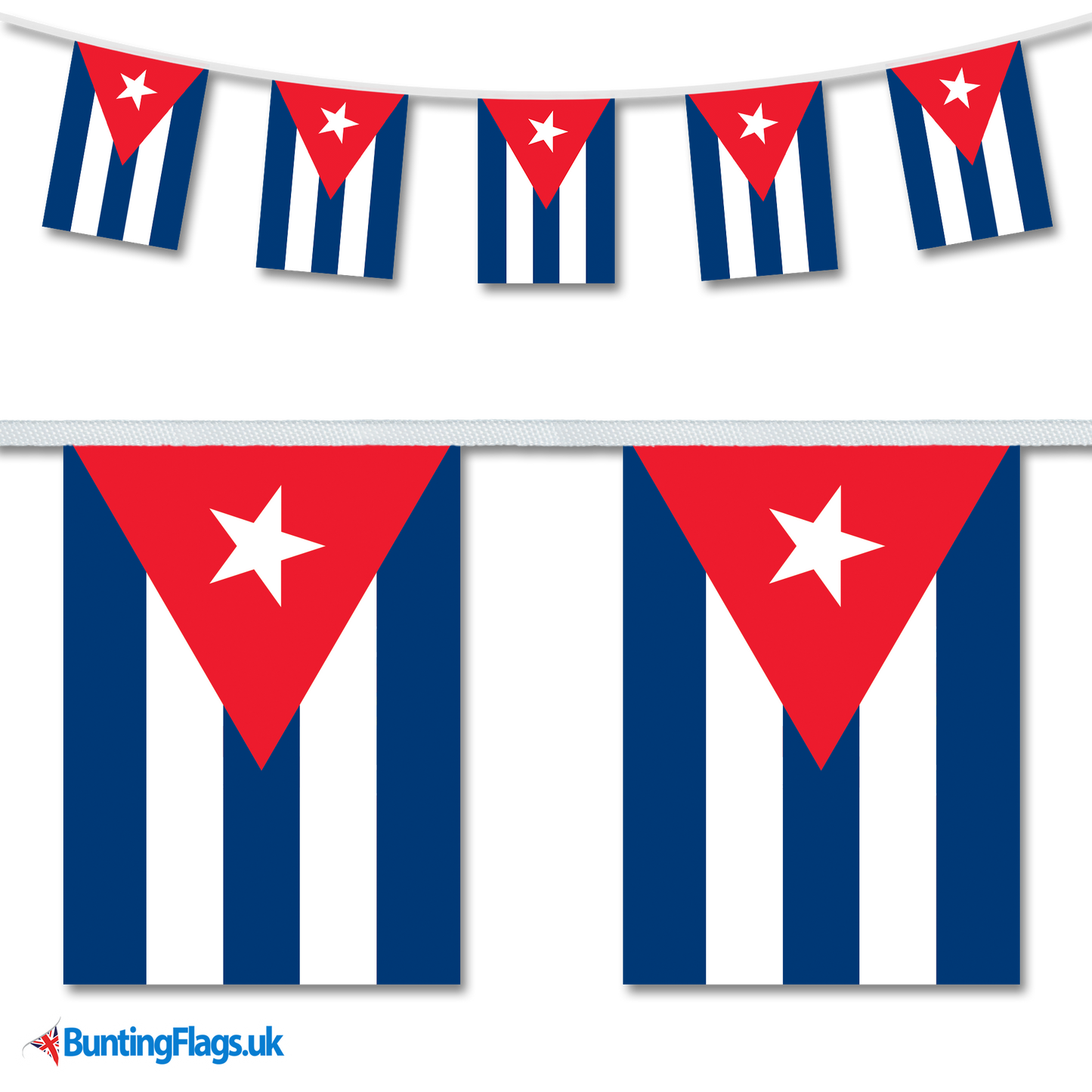 Cuba country flag bunting hanging in a length, along with a close-up view showcasing the flag's design.