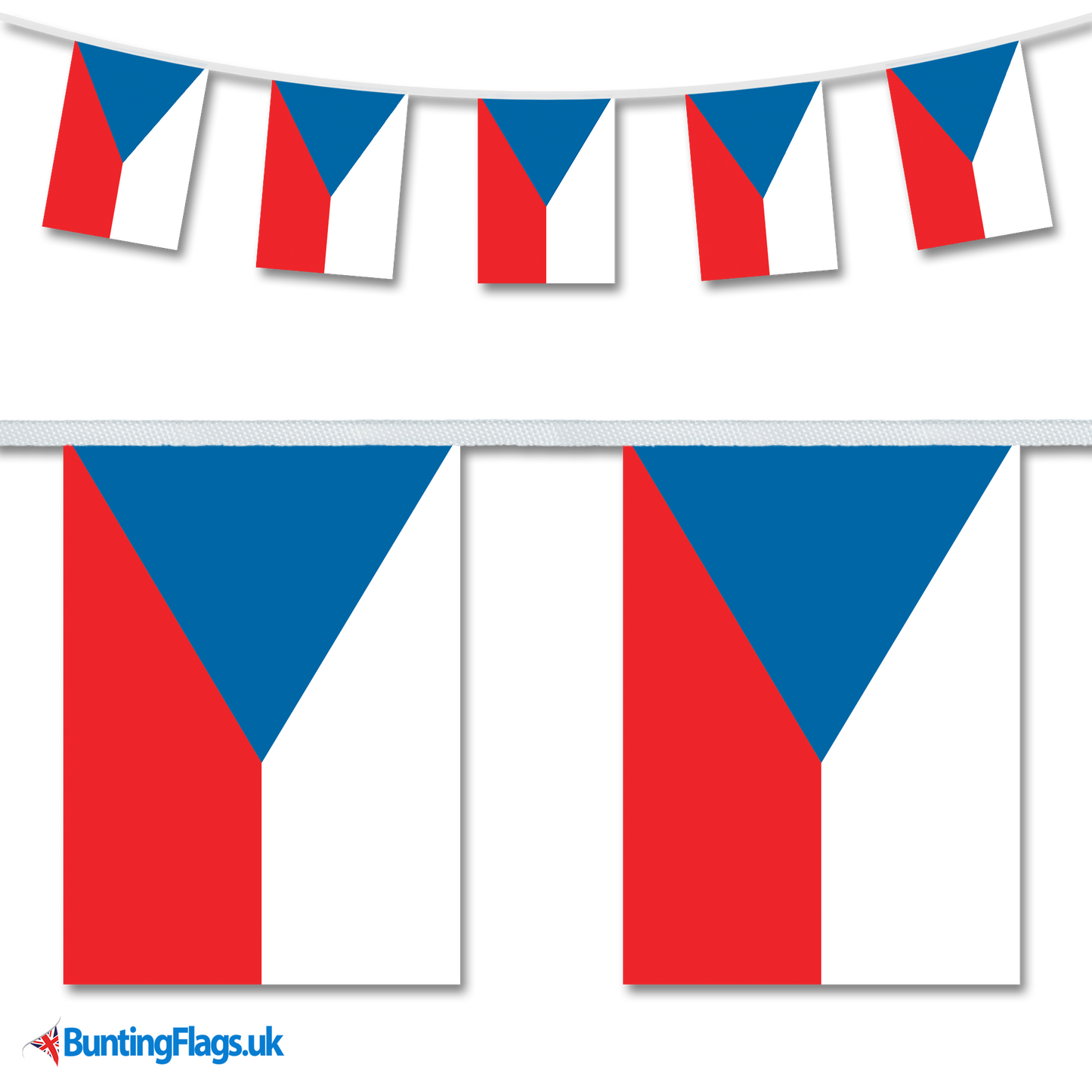 Czechia country flag bunting hanging in a length, along with a close-up view showcasing the flag's design.
