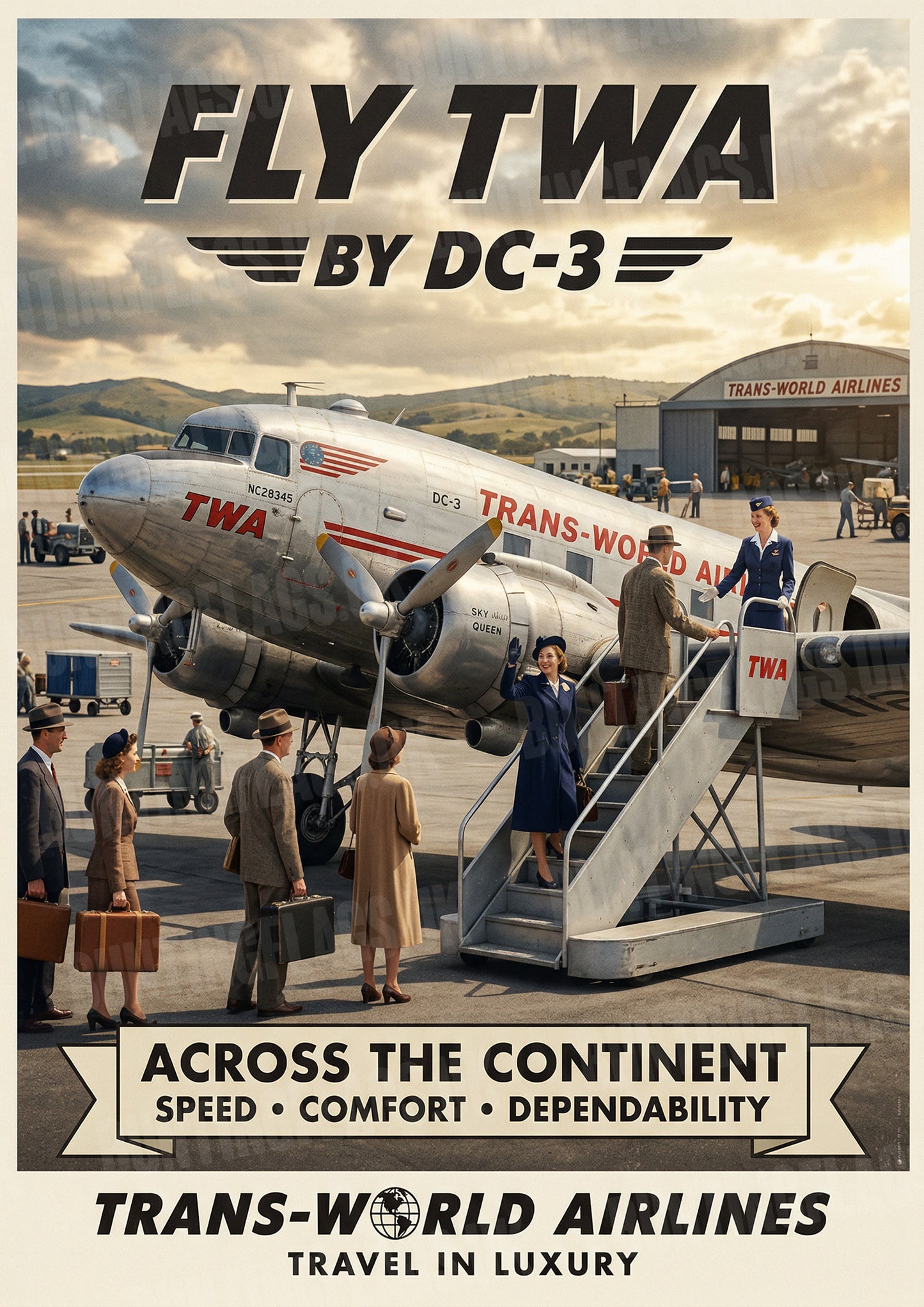 Fly TWA by DC-3 – Trans World Airlines – Vintage Travel Poster