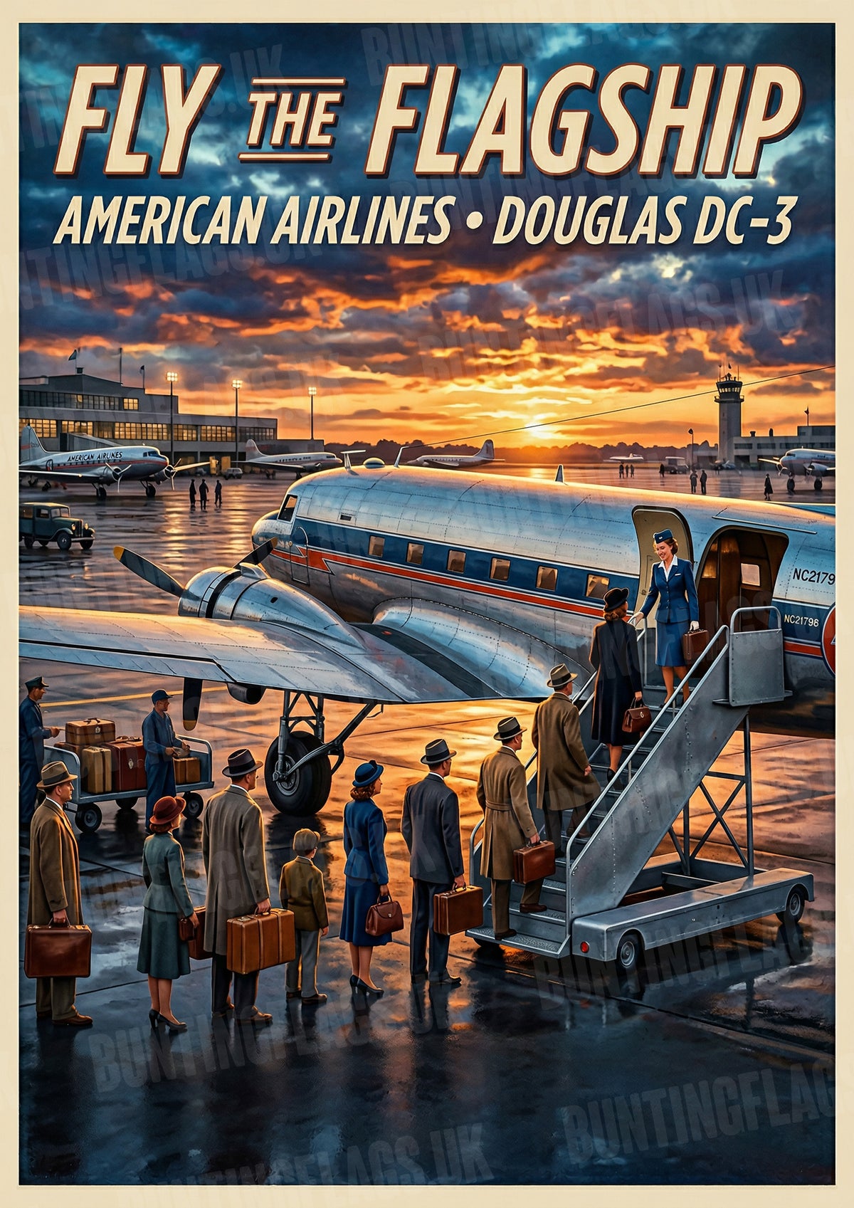 Fly the Flagship – American Airlines DC-3 – Vintage Travel Poster