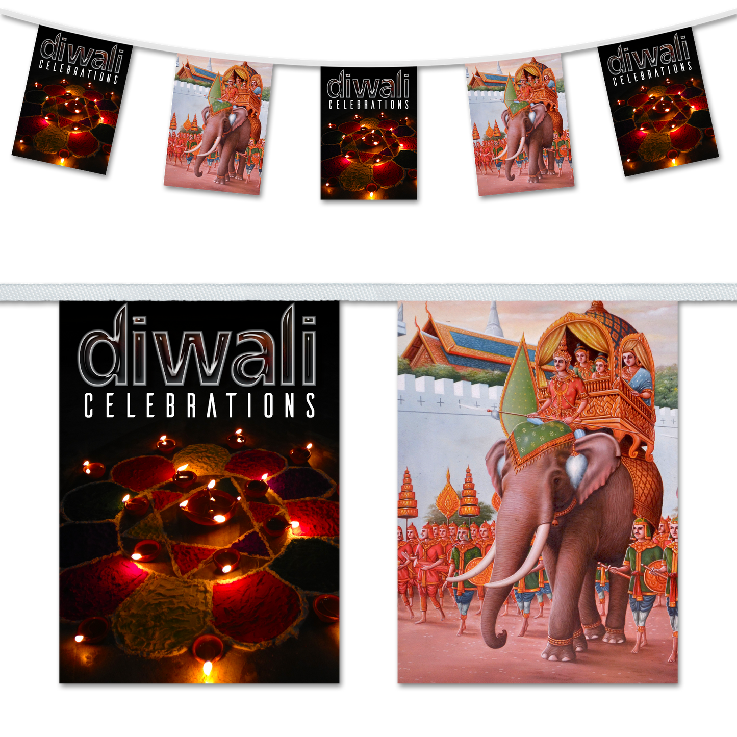 A collection of Diwali bunting flags featuring an elephant design, with the text 'Diwali Celebrations' prominently displayed.