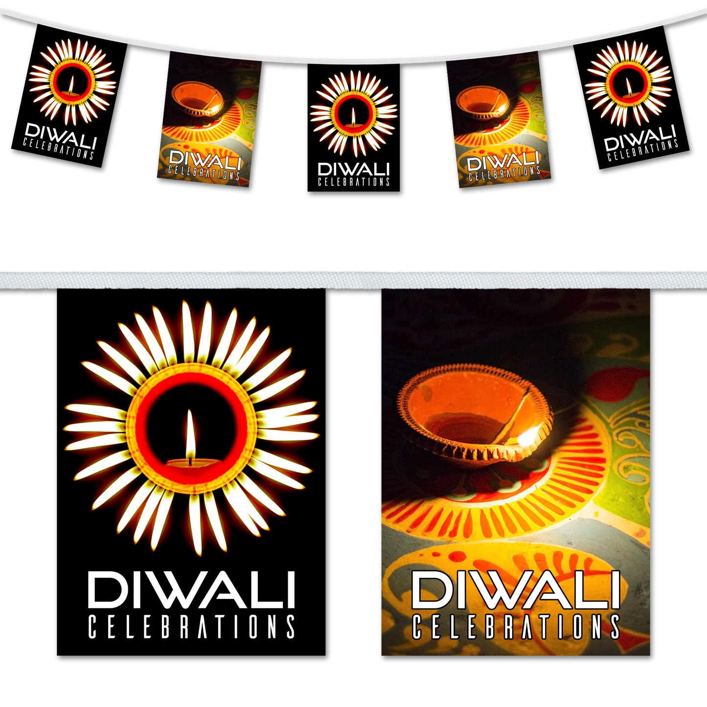 A set of Diwali-themed banner flags featuring a central floral design with a Diwali symbol, and text that reads 'Diwali Celebrations'. The flags have a white waterproof webbing with additional webbing at each end for securing.
