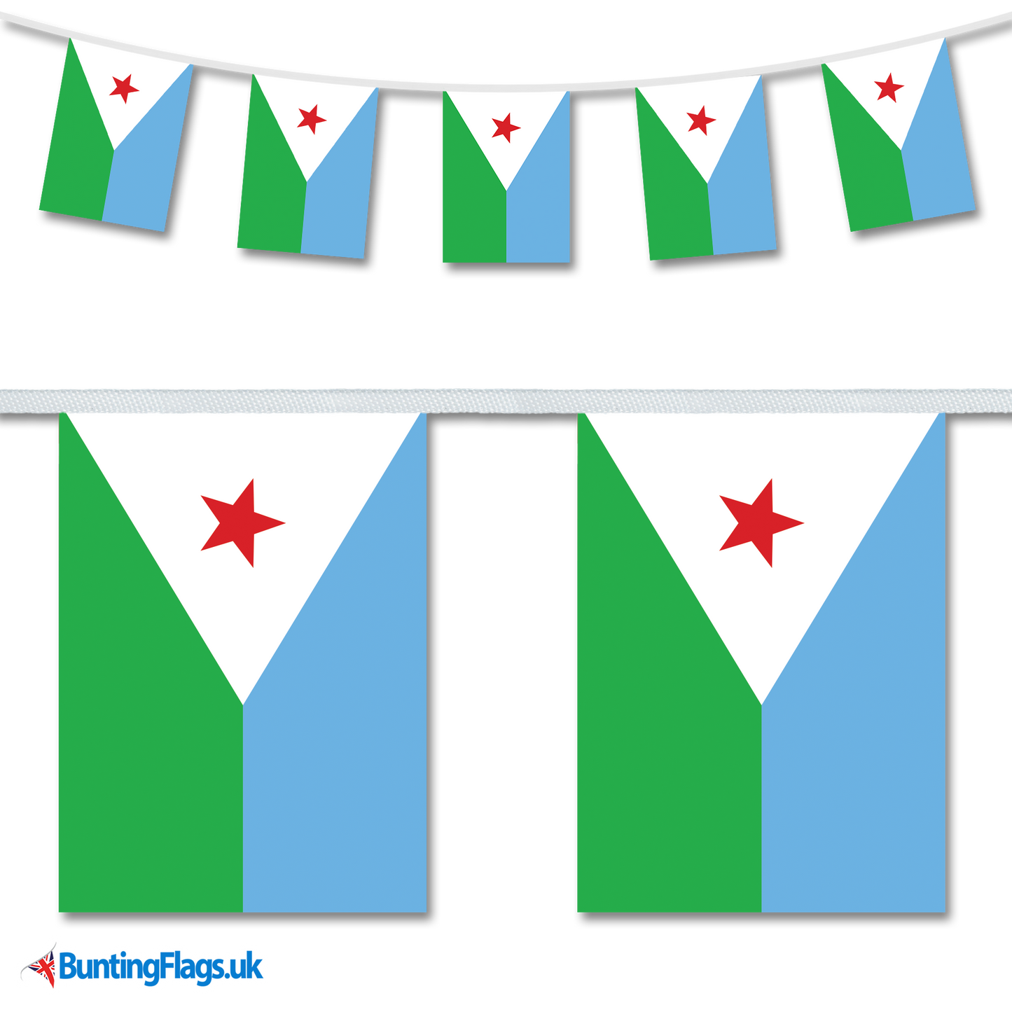 Djibouti country flag bunting hanging in a length, along with a close-up view showcasing the flag's design.