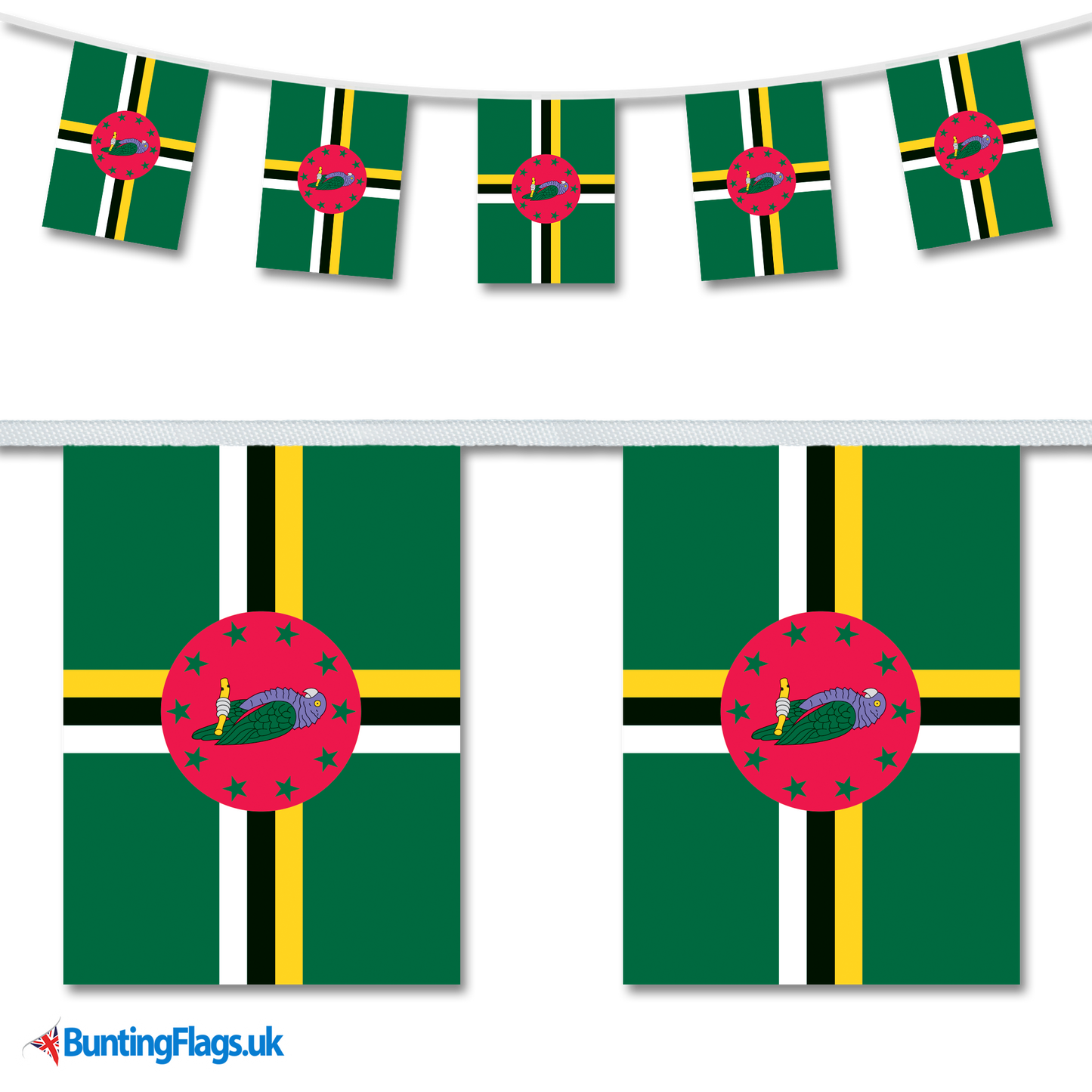 Dominica country flag bunting hanging in a length, along with a close-up view showcasing the flag's design.