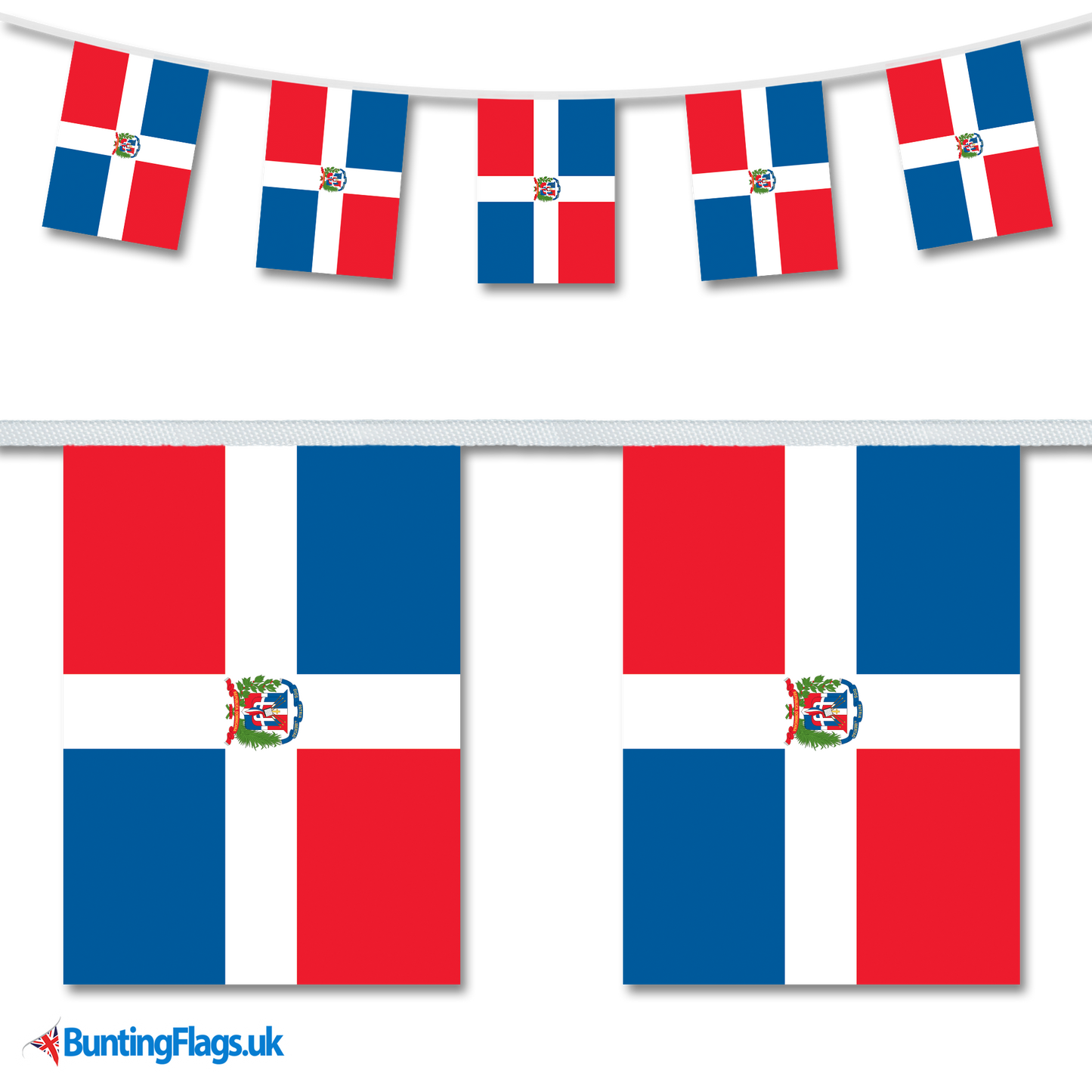 Dominican Republic country flag bunting hanging in a length, along with a close-up view showcasing the flag's design.