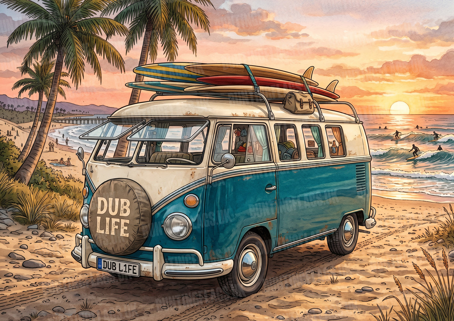 Dub Life – Blue Surf Van at Sunset – Vintage Style Poster