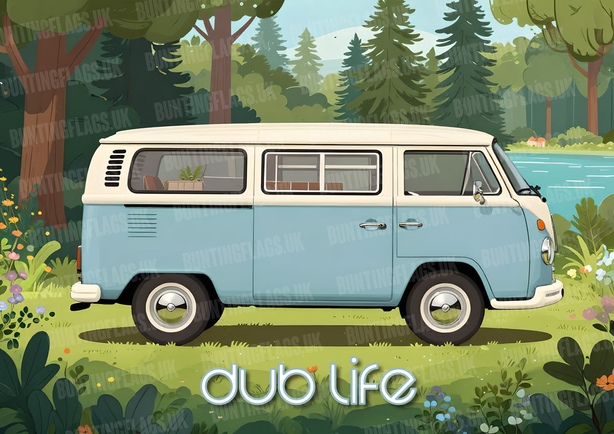 Dub Life – Light Blue VW Camper Van in the Forest – Vintage Style Poster