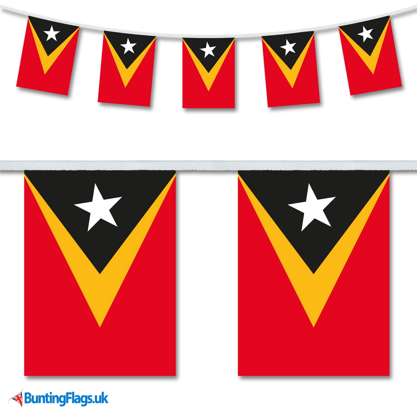 East Timor (Timor-Leste) country flag bunting hanging in a length, along with a close-up view showcasing the flag's design.