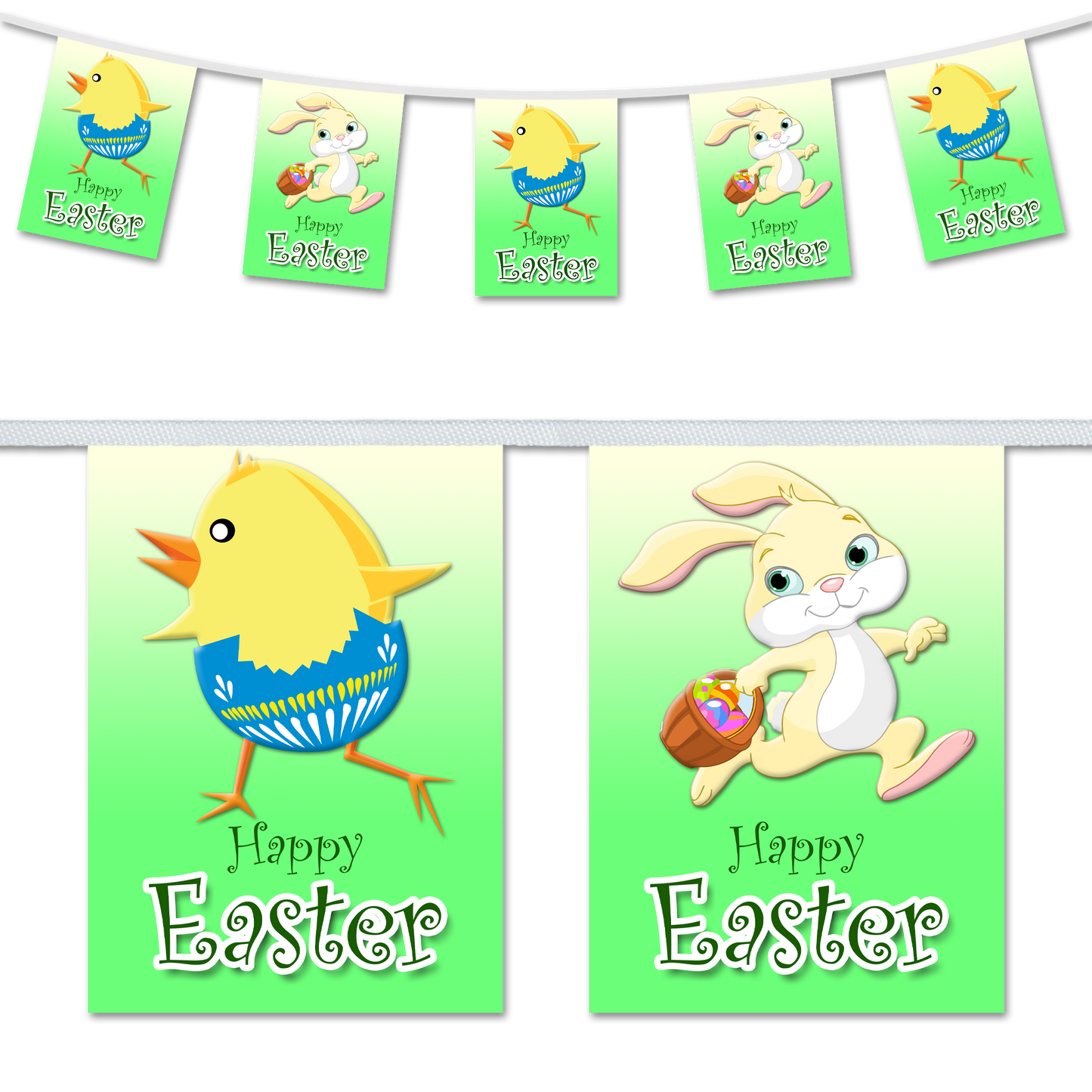 A set of Easter-themed bunting flags featuring cartoon illustrations of a chick and a rabbit with the text 'Happy Easter' displayed.