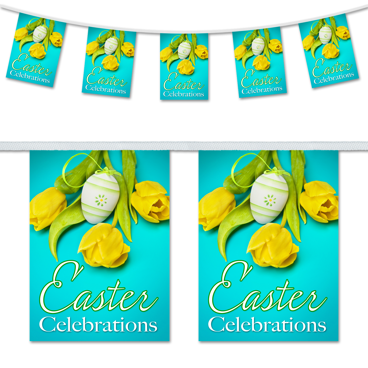 A set of Easter-themed bunting flags with the text 'Easter Celebrations' and images of tulips and an Easter egg on a blue background.