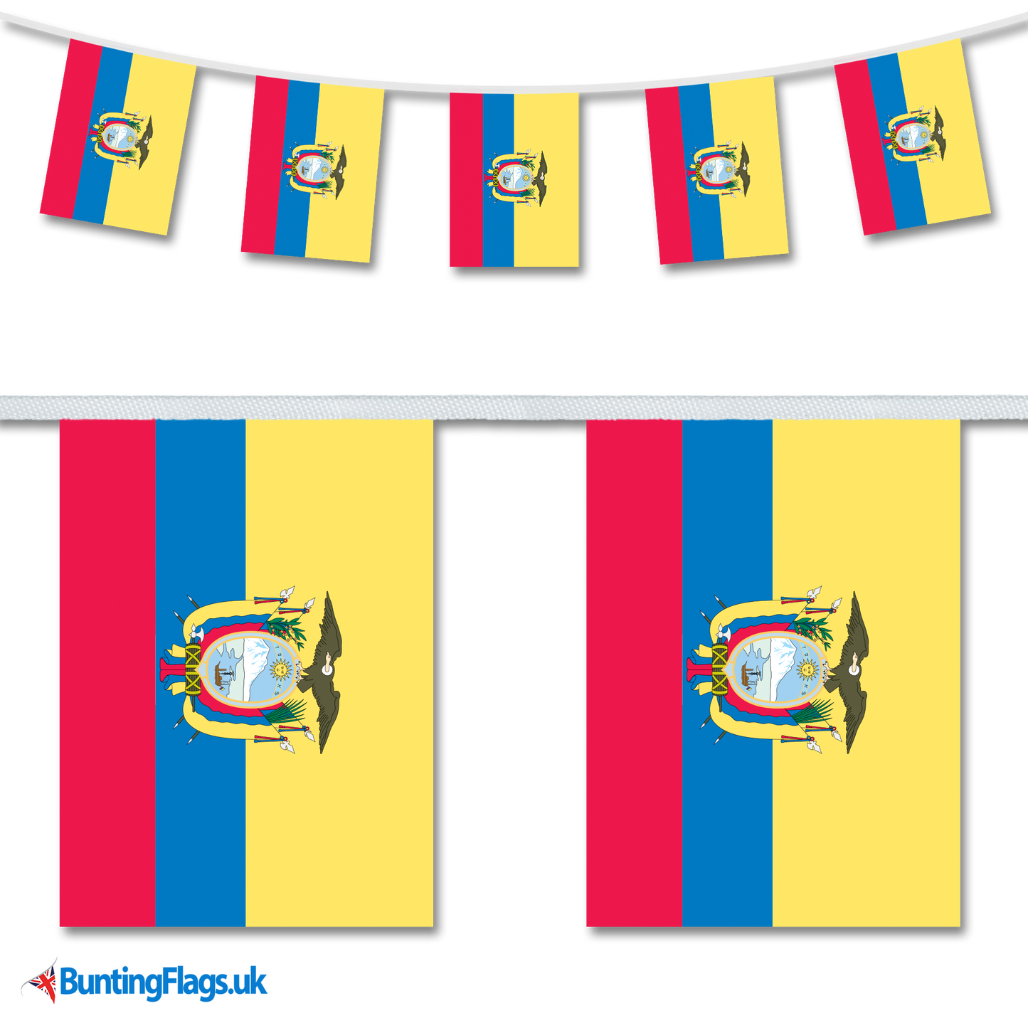 Ecuador country flag bunting hanging in a length, along with a close-up view showcasing the flag's design.