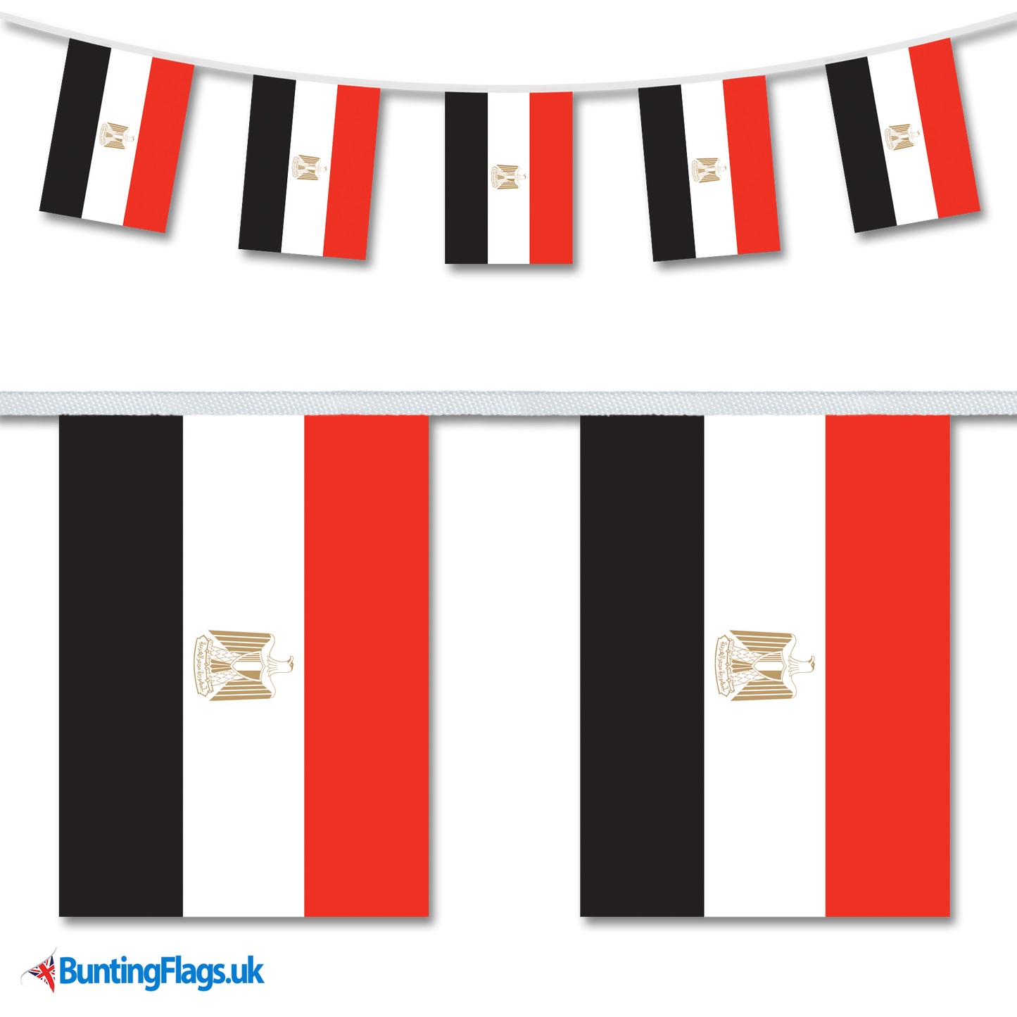 Egypt country flag bunting hanging in a length, along with a close-up view showcasing the flag's design.