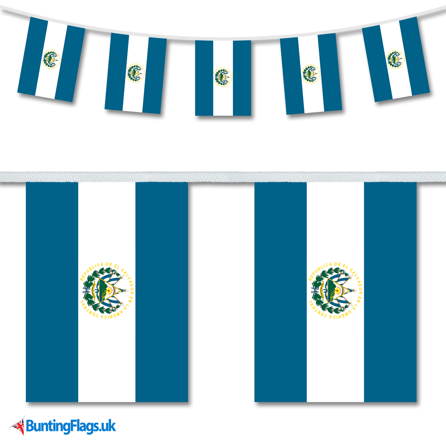 El Salvador country flag bunting hanging in a length, along with a close-up view showcasing the flag's design.