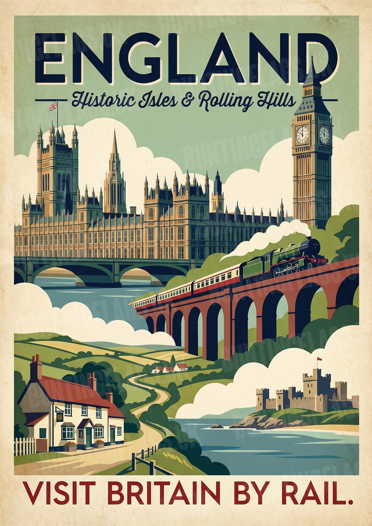 England: Historic Isles & Rolling Hills – Vintage Travel Poster