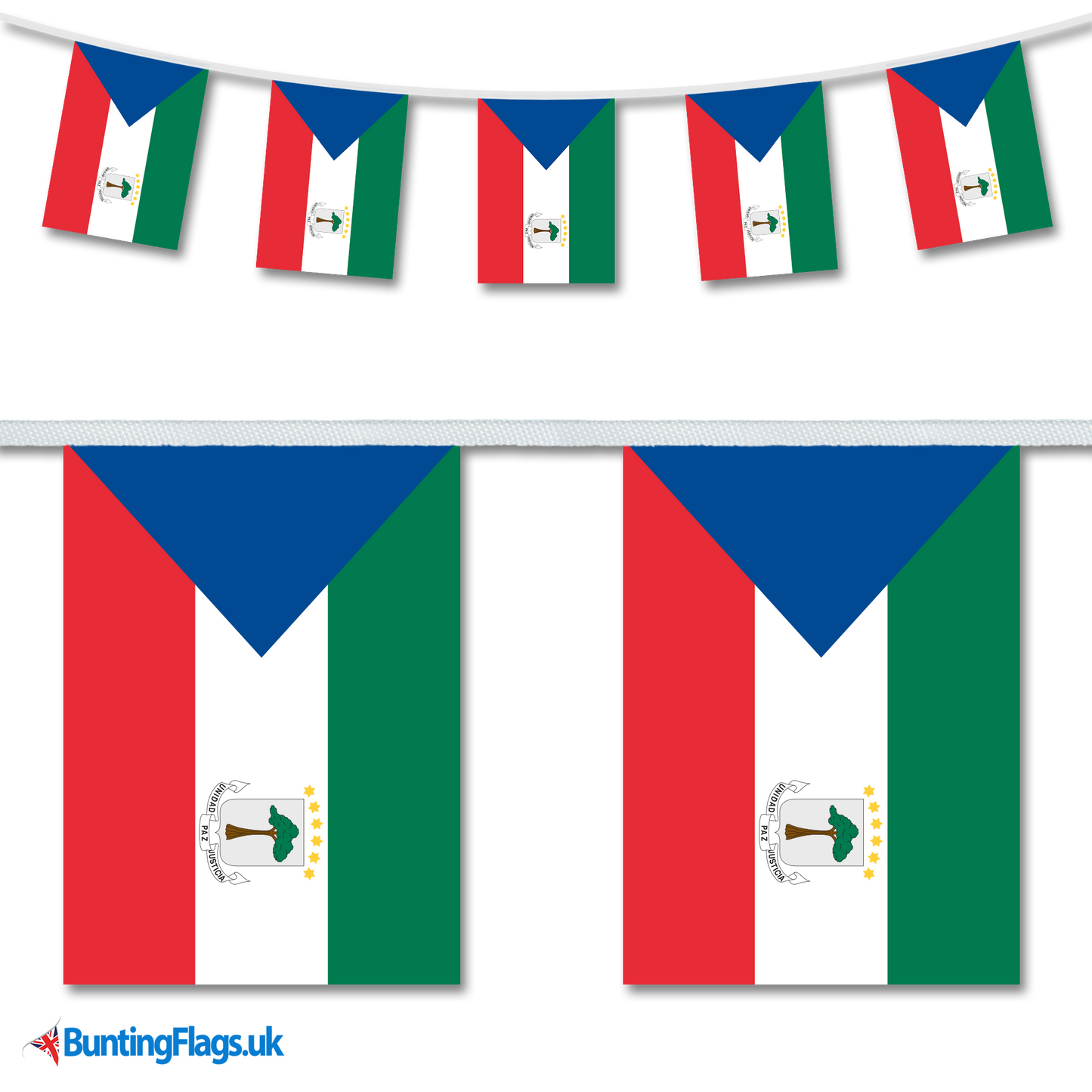 Equatorial Guinea country flag bunting hanging in a length, along with a close-up view showcasing the flag's design.