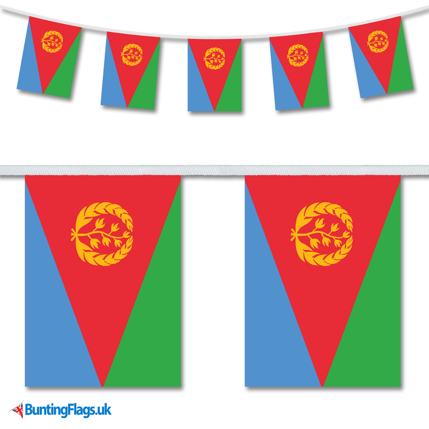 Eritrea country flag bunting hanging in a length, along with a close-up view showcasing the flag's design.