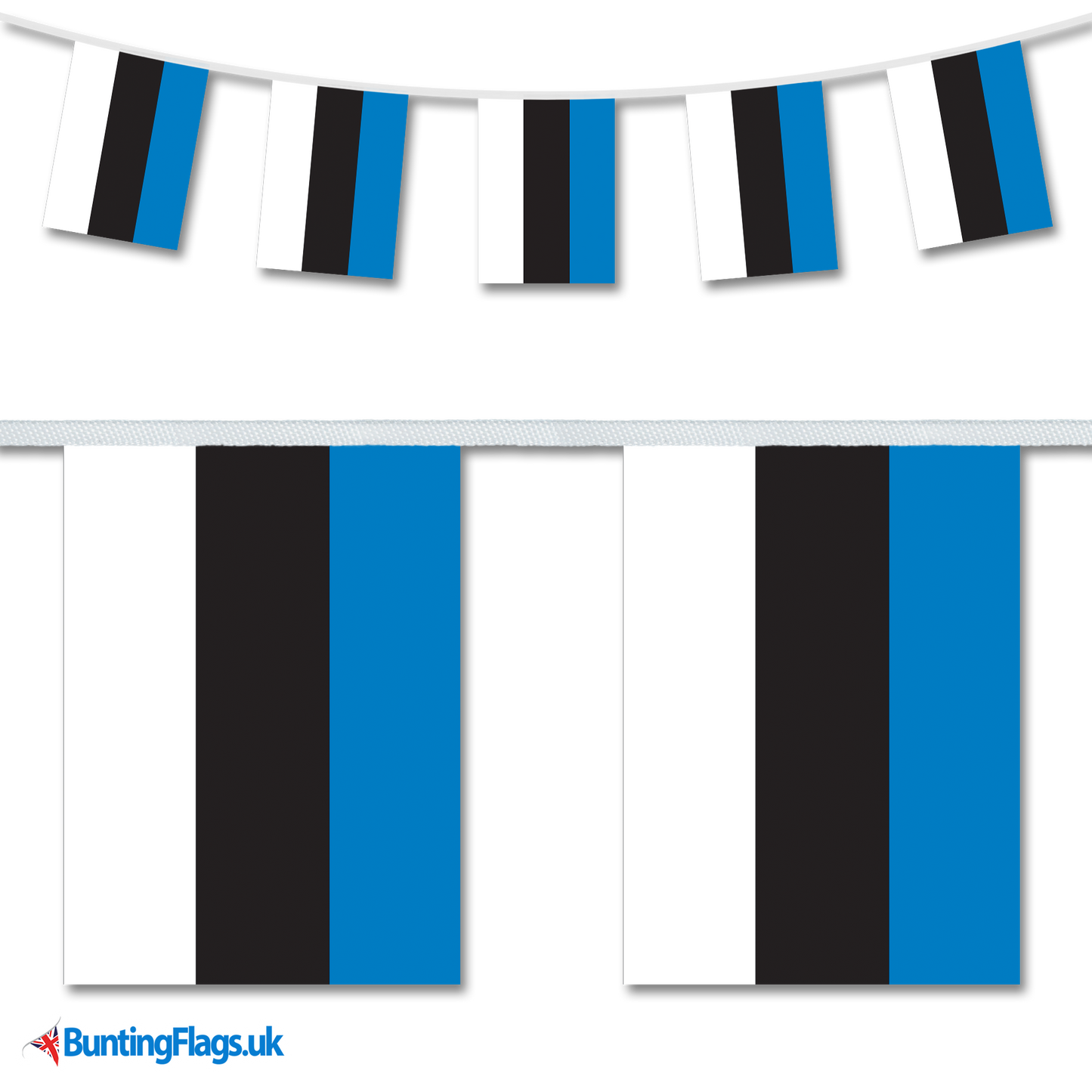 Estonia country flag bunting hanging in a length, along with a close-up view showcasing the flag's design.