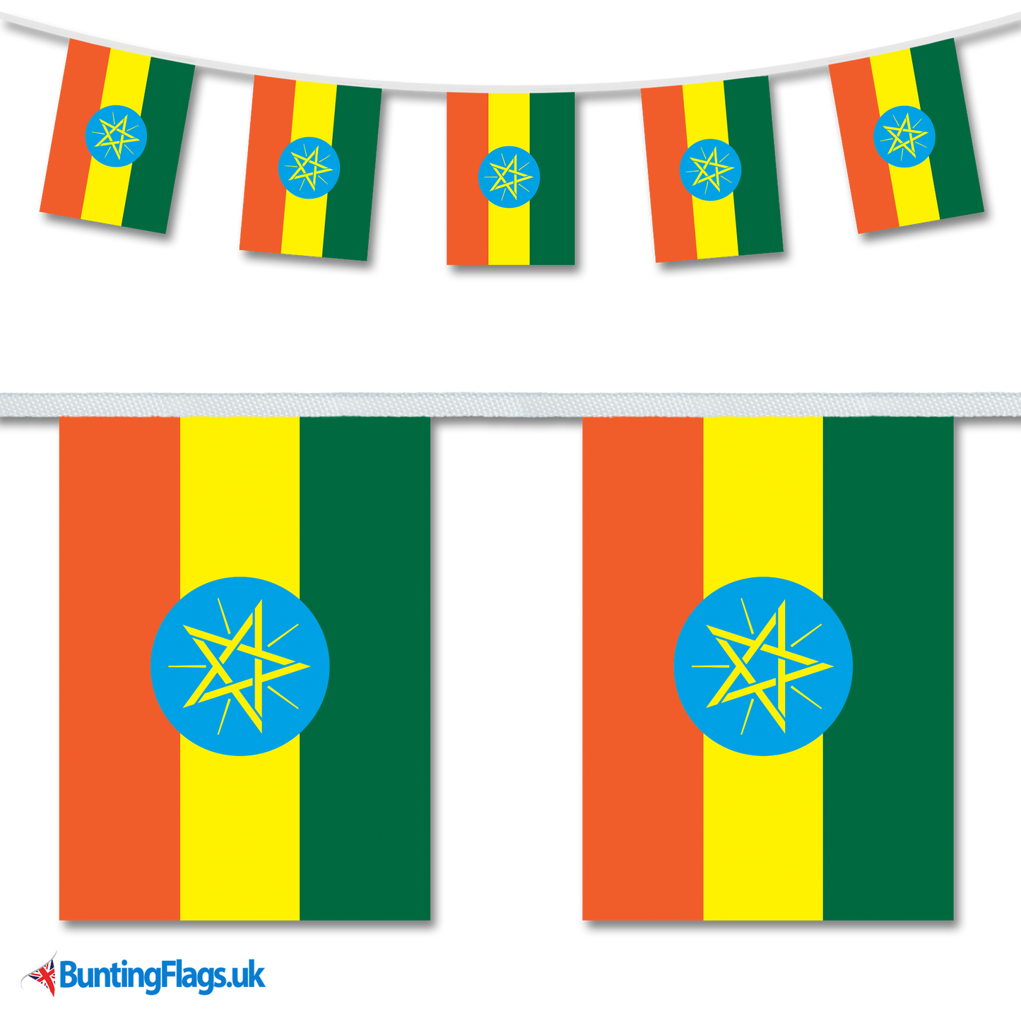 Ethiopia country flag bunting hanging in a length, along with a close-up view showcasing the flag's design.