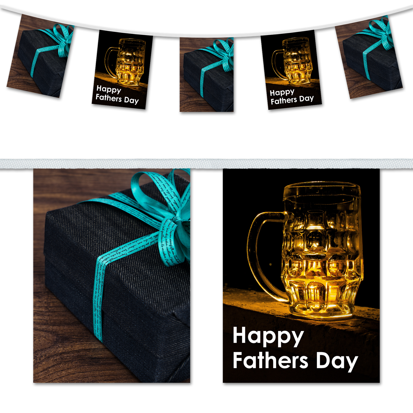A series of Father's Day themed bunting with the text 'Happy Father's Day' and an image of a beer mug, interspersed with shots of a present with a blue ribbon and the text 'HAPPY DAY'.