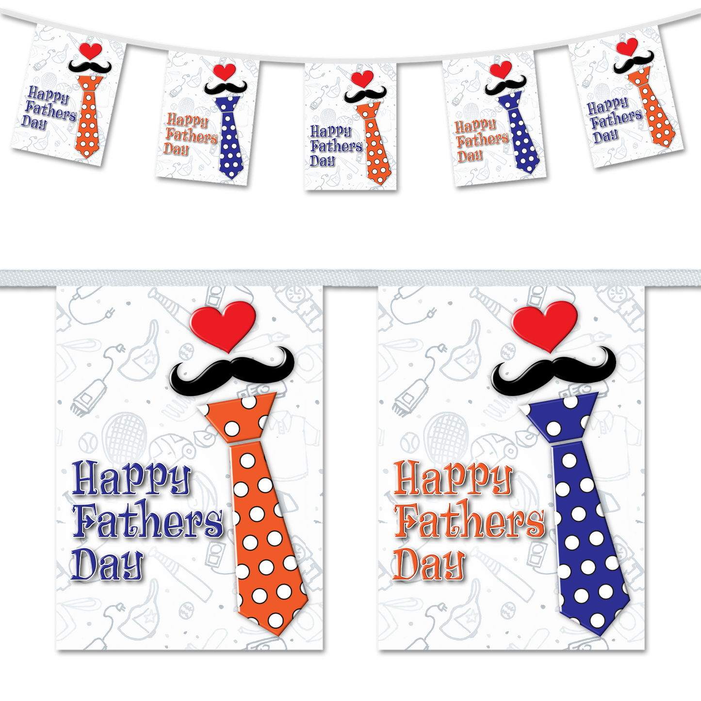 A set of two decorative flags for Father's Day, featuring cartoon images of a mustache and a tie with the text 'HAPPY FATHER'S DAY' and 'DAD' on a white background, one flag has blue polka dots and the other has orange polka dots.