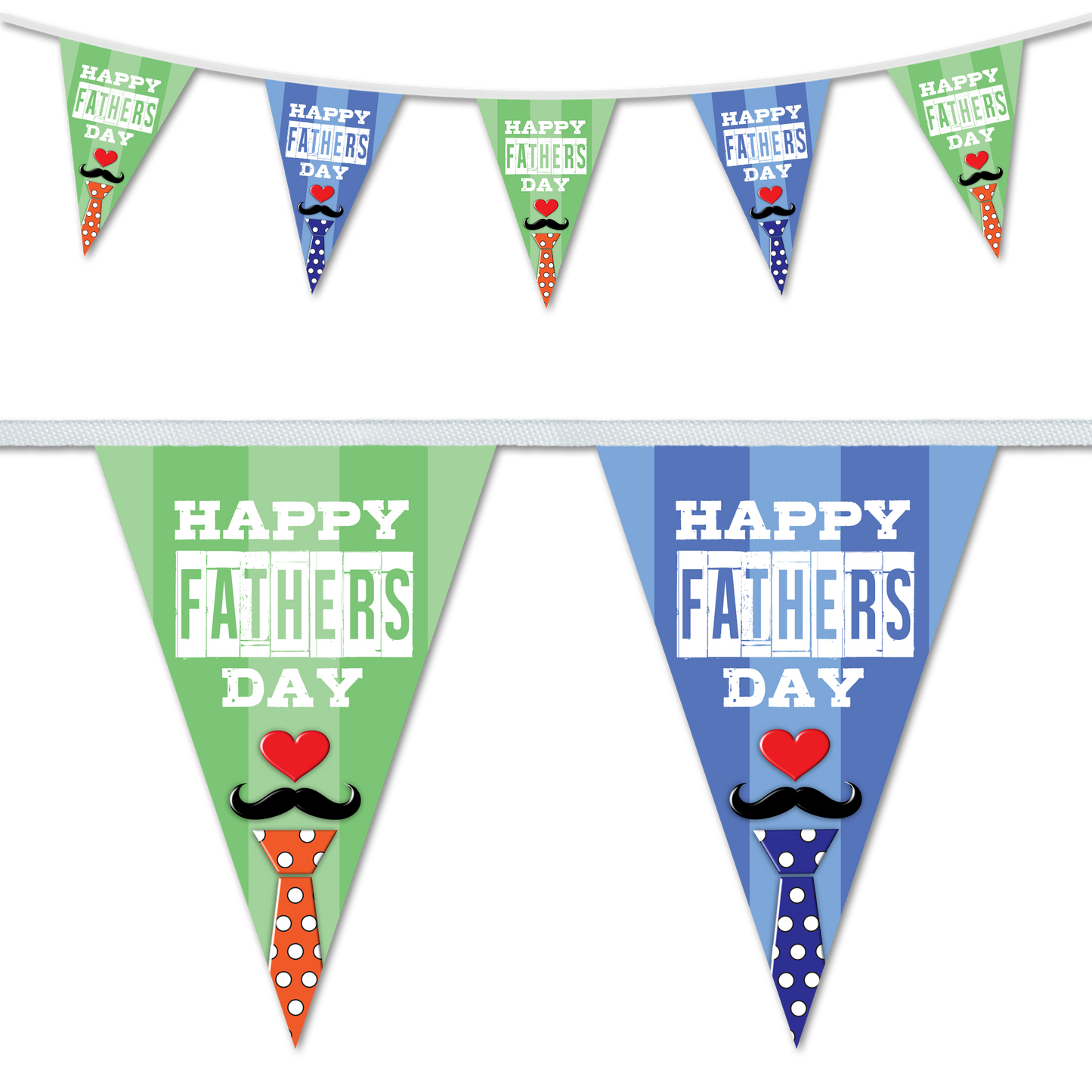 A set of triangular bunting flags with a striped pattern in green, blue, and orange, and text that reads 'Happy Father's Day'.