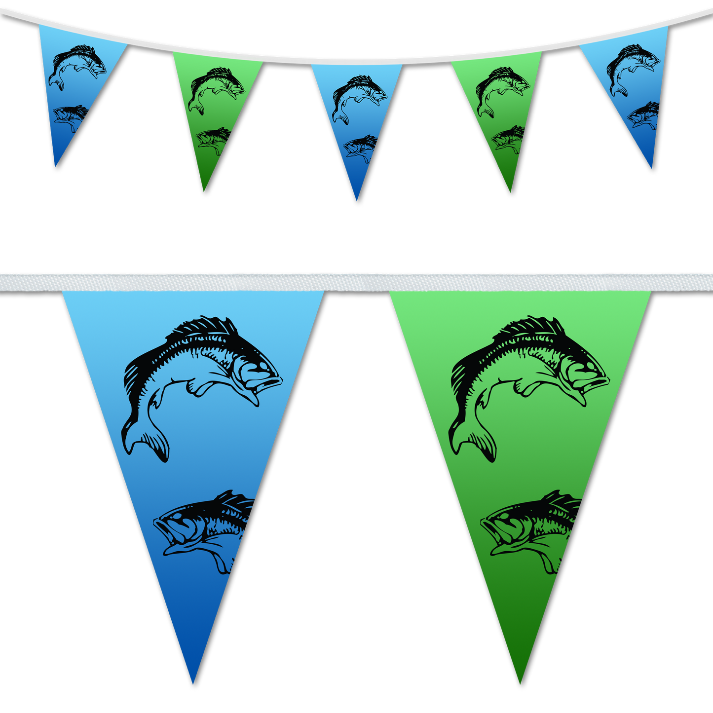 Triangular bunting flags with a graphical fish design, displayed in various colors blue, green, and yellow.