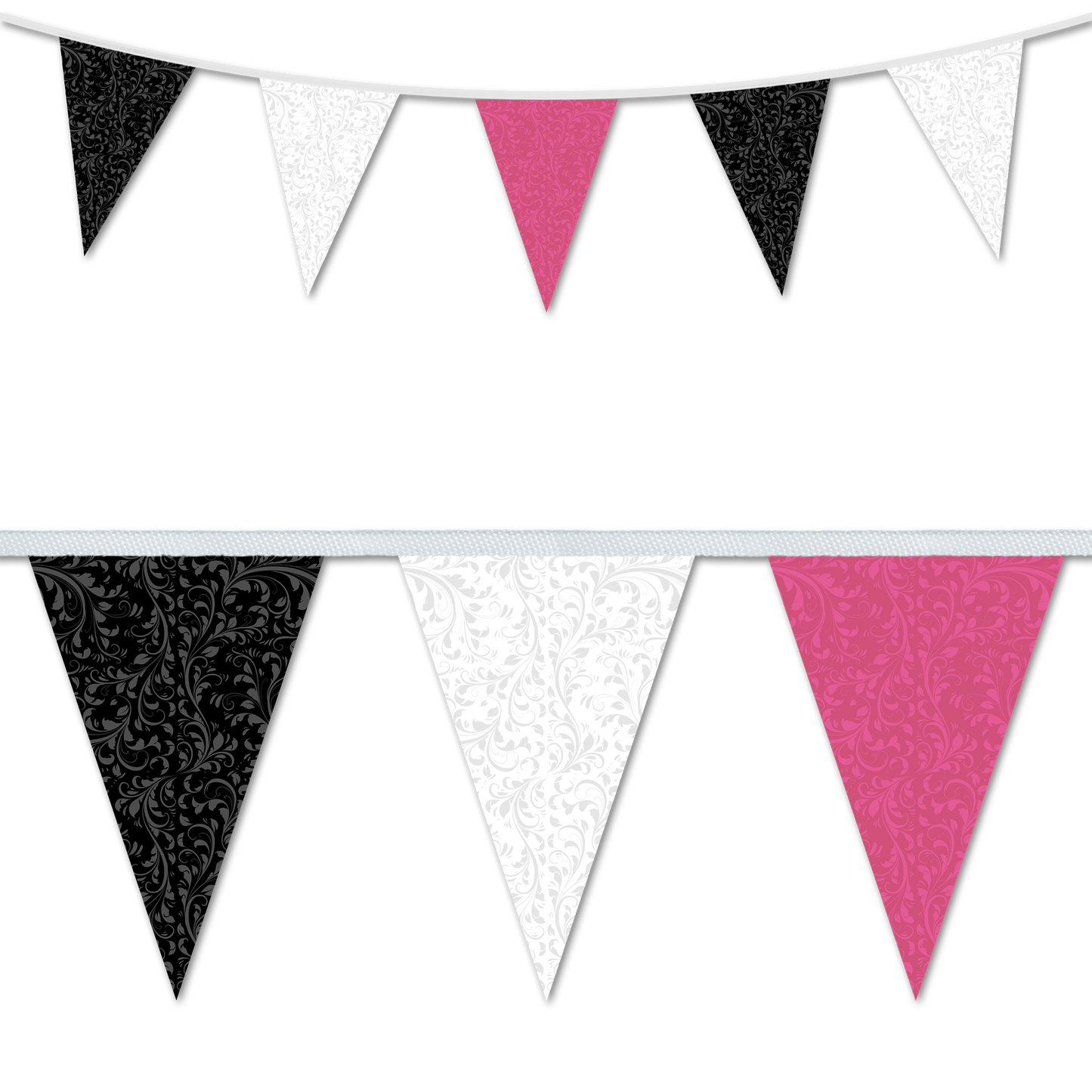 Fleurette themed wedding day decorative bunting in a black, white and pink colour