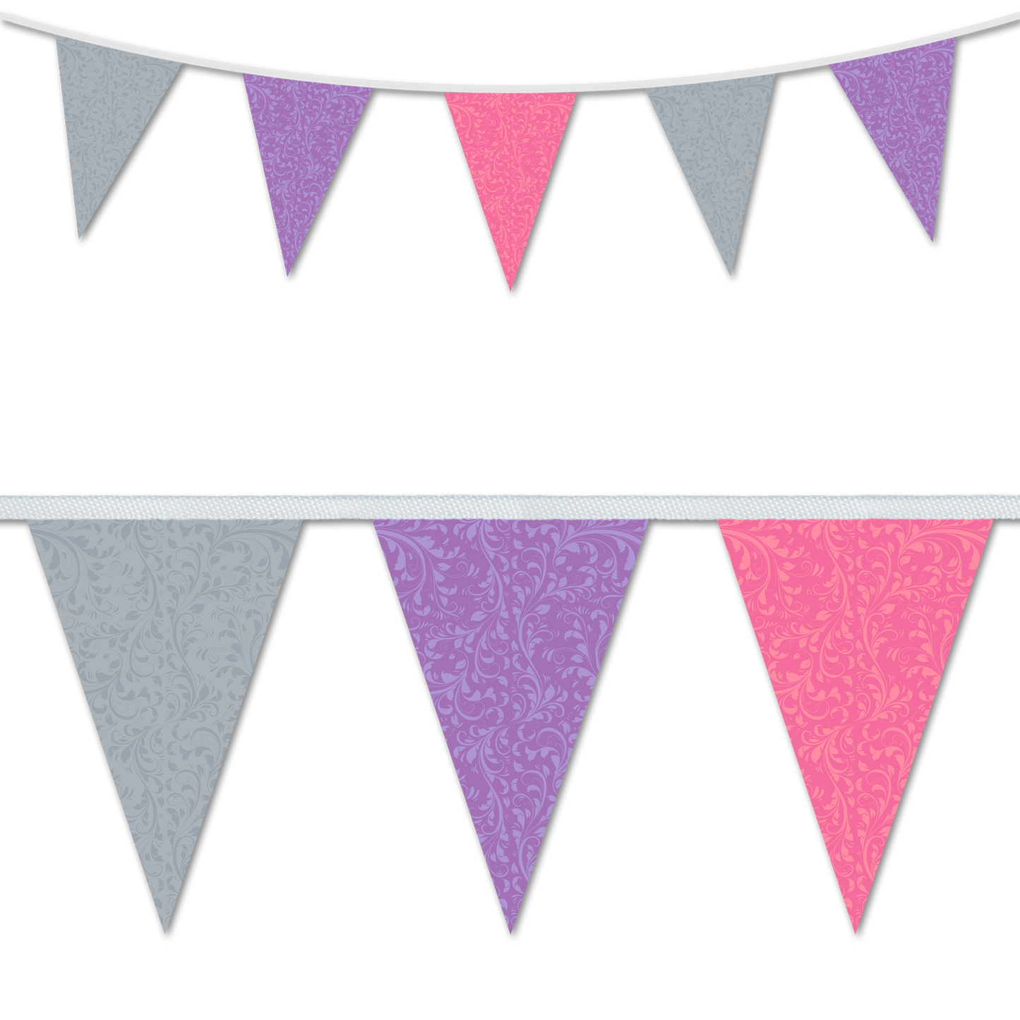 Fleurette themed wedding day decorative bunting in a grey, purple and pink colour