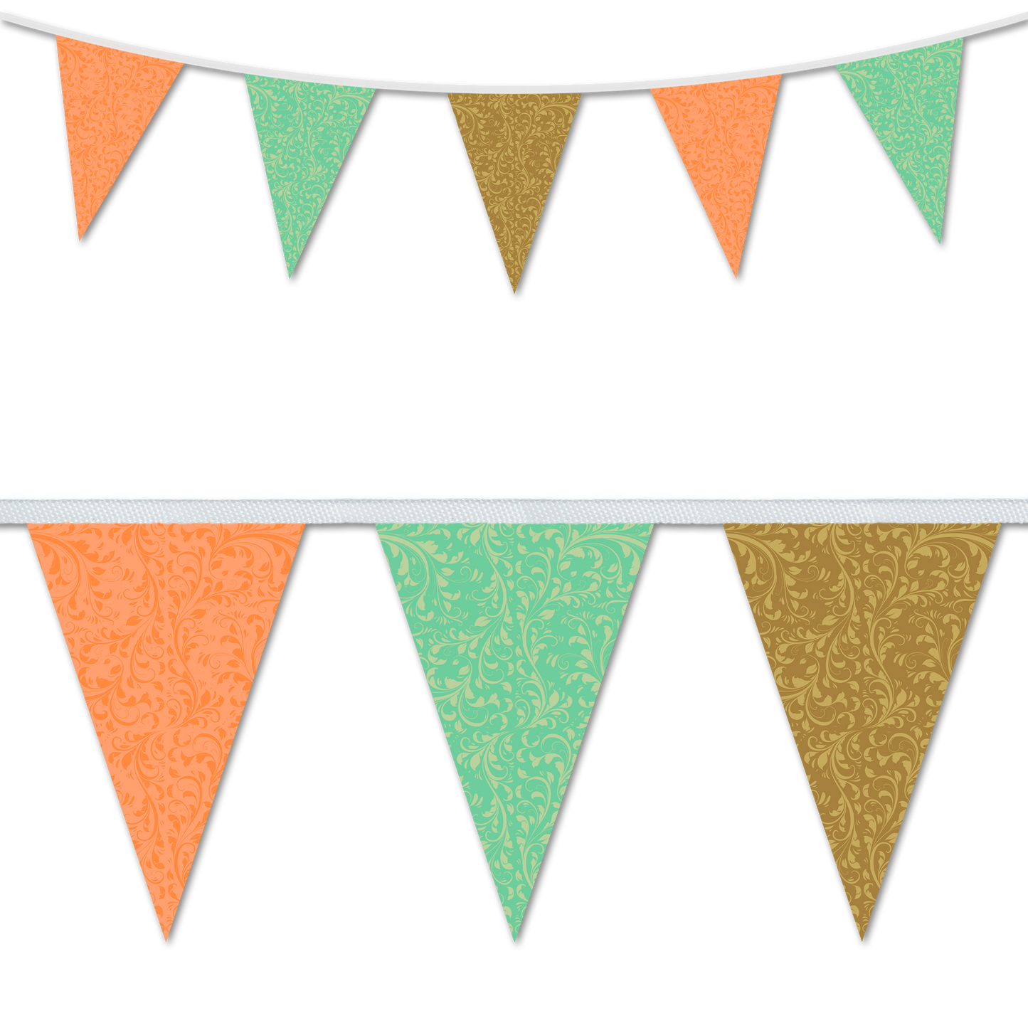 Fleurette themed wedding day decorative bunting in a peach, green and gold colour