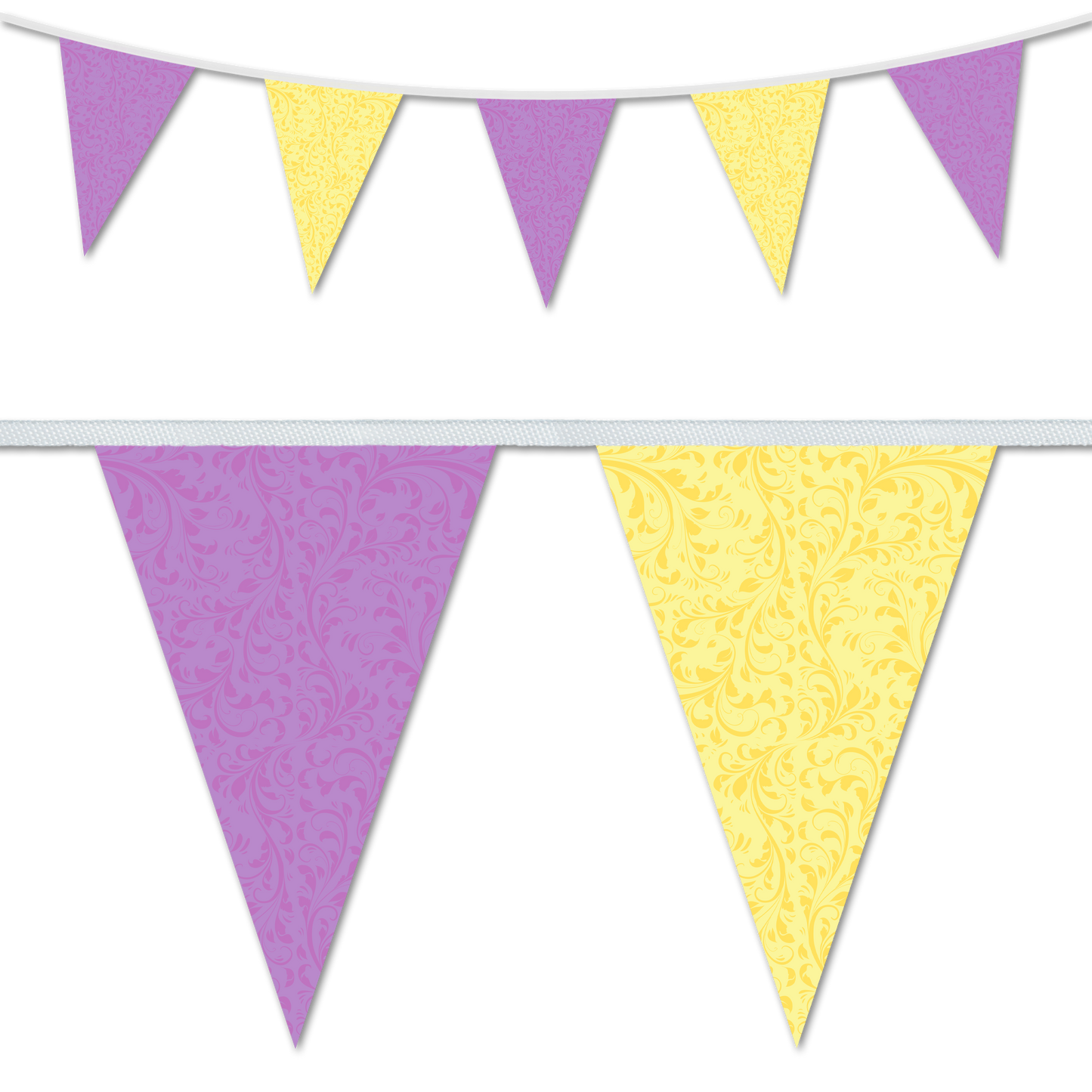 Fleurette themed wedding day decorative bunting in a purple and lemon colour