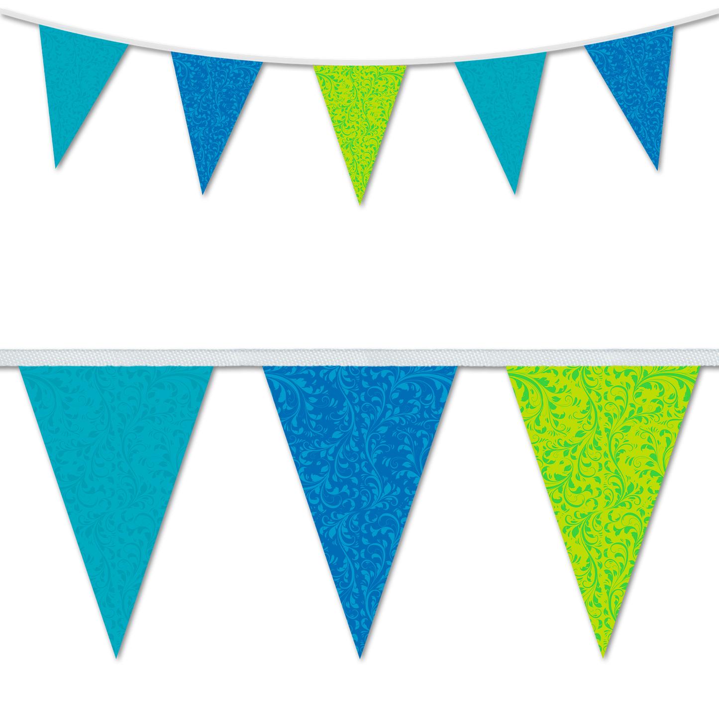 Fleurette themed wedding day decorative bunting in a turquoise, blue and lime colour
