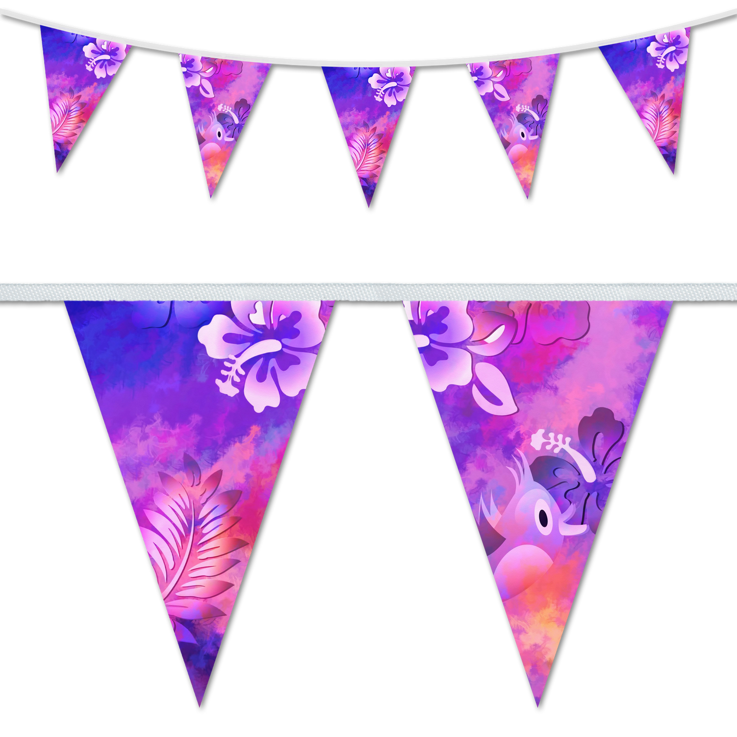 A set of triangular bunting flags with a floral design, featuring a mix of colorful flowers and foliage on a purple background.