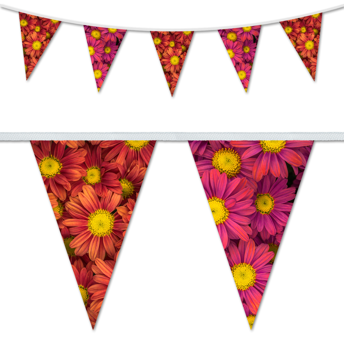 A set of triangular bunting flags with a floral design, made of waterproof webbing, including DURAWEB webbing at each end for tying.