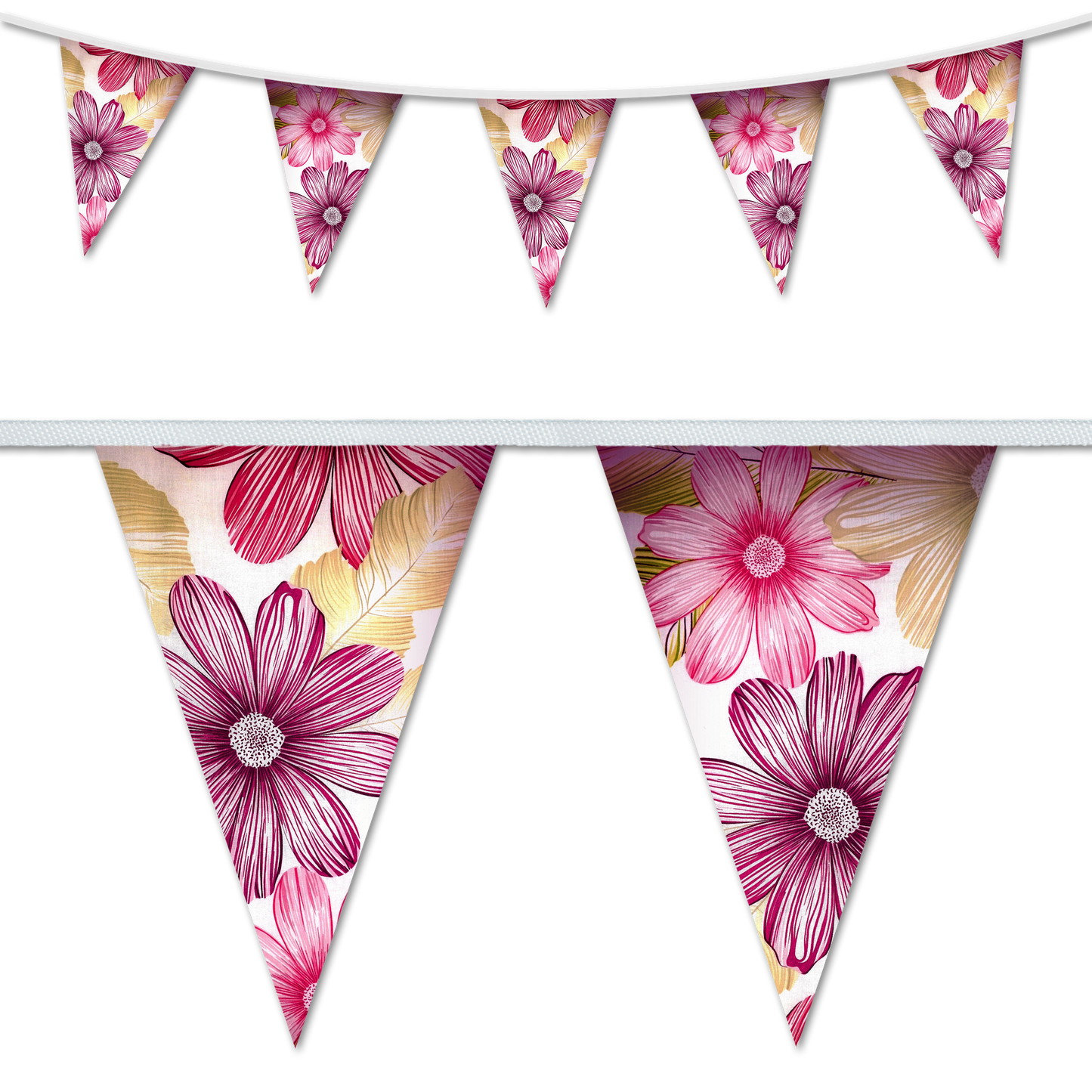 A set of triangular bunting flags with a floral design, featuring pink and white flowers, sewn into white waterproof webbing.