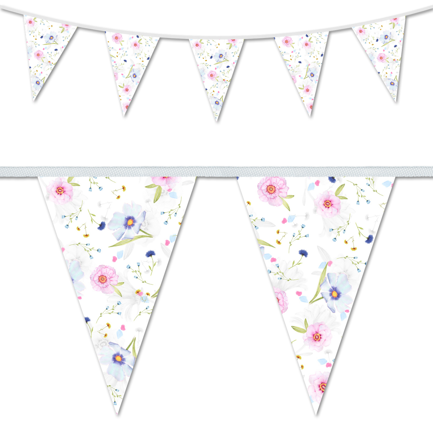 A set of triangular white bunting flags with a floral design, featuring various flowers and foliage in shades of pink, white, and blue.