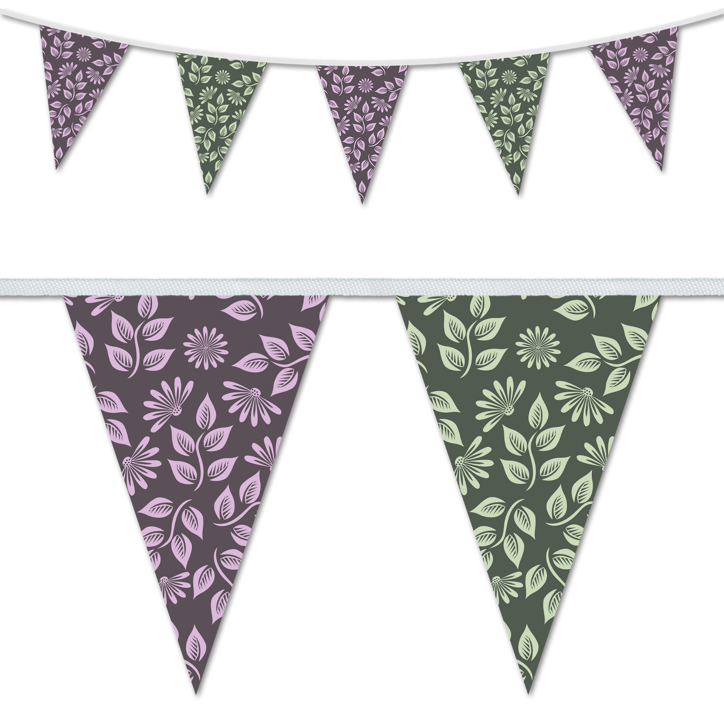 Triangular bunting flags with a floral design, in purple and green colors, made with waterproof webbing.