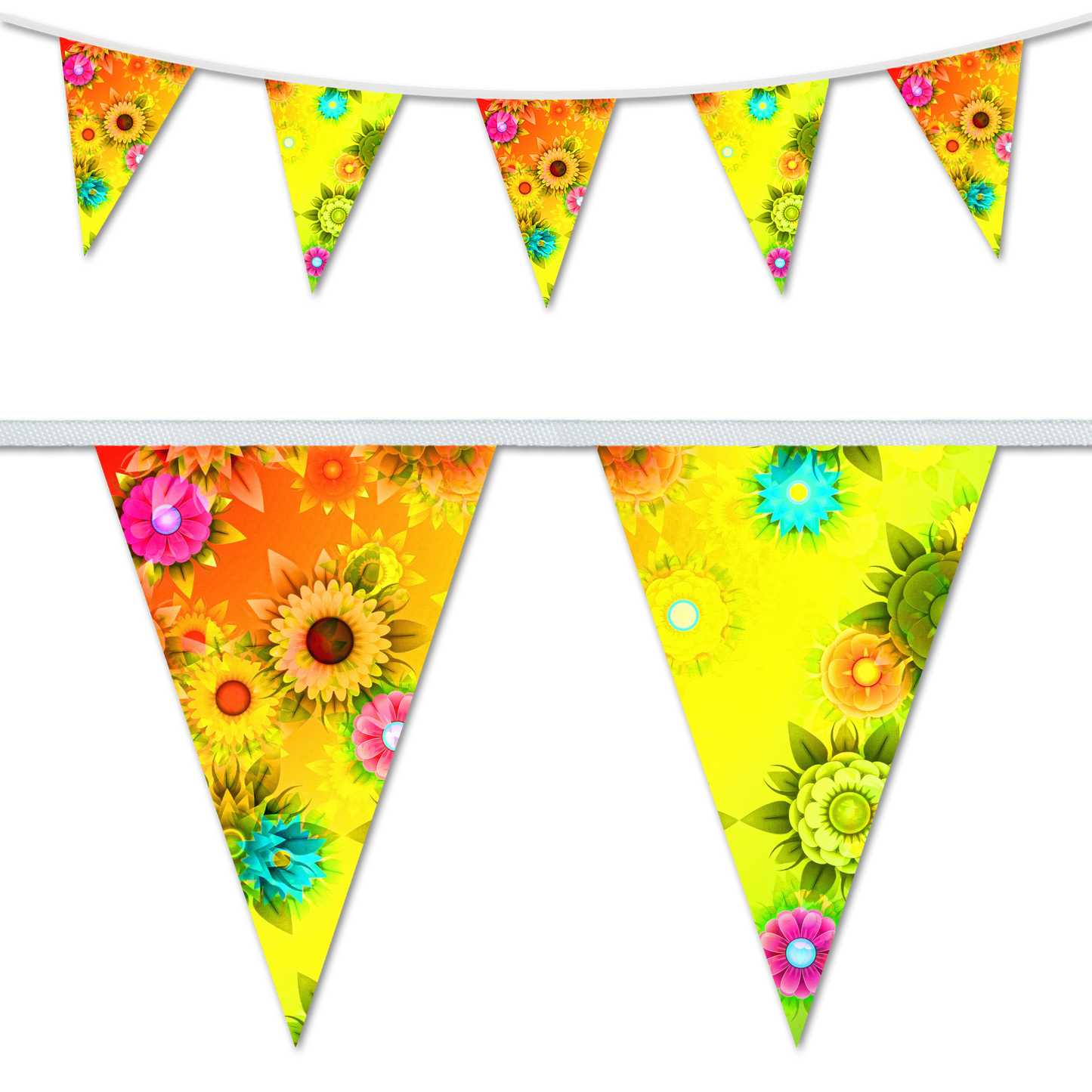A set of colorful floral design bunting flags with a sunflower and other flower patterns, designed for outdoor decorations.