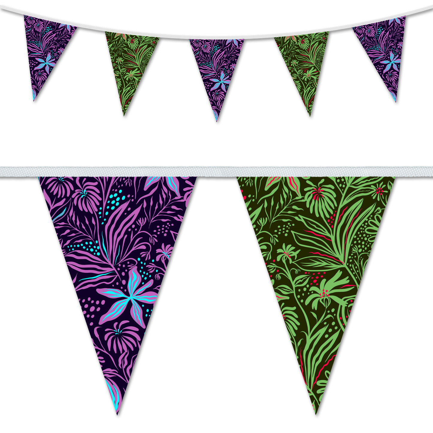 A set of triangular bunting flags with a floral design, featuring a mix of purple, green, and pink colors.