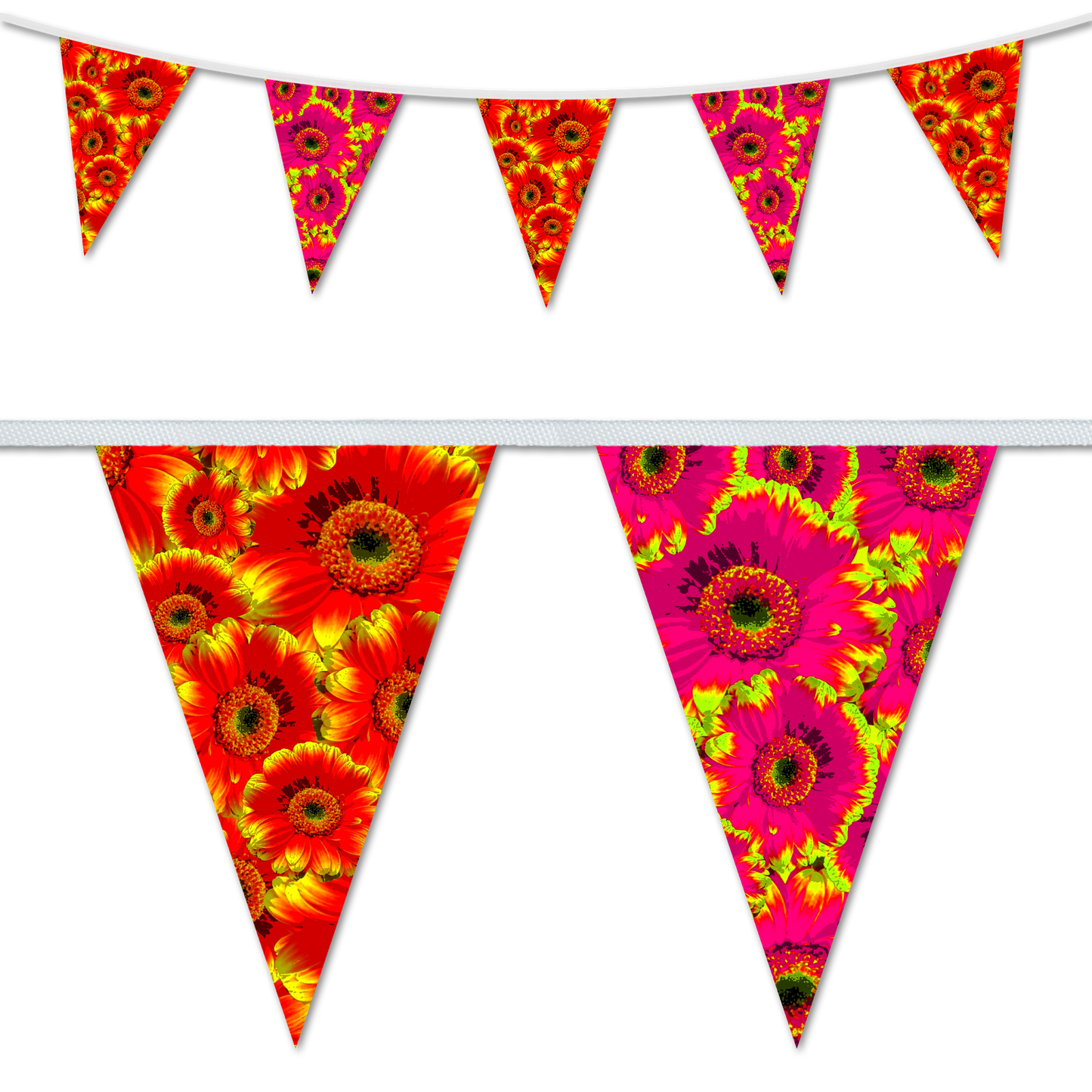 A set of vibrant, floral-themed triangular bunting flags with a colorful pattern and decorative flowers.
