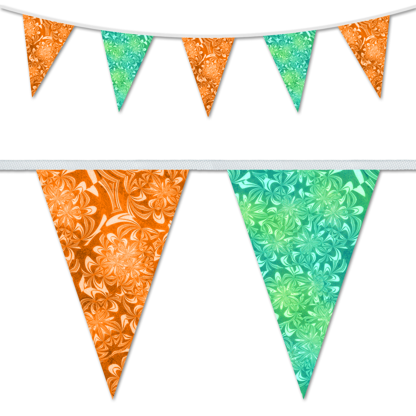 A set of triangular bunting flags with a floral design, in orange and green colours, made with waterproof webbing.