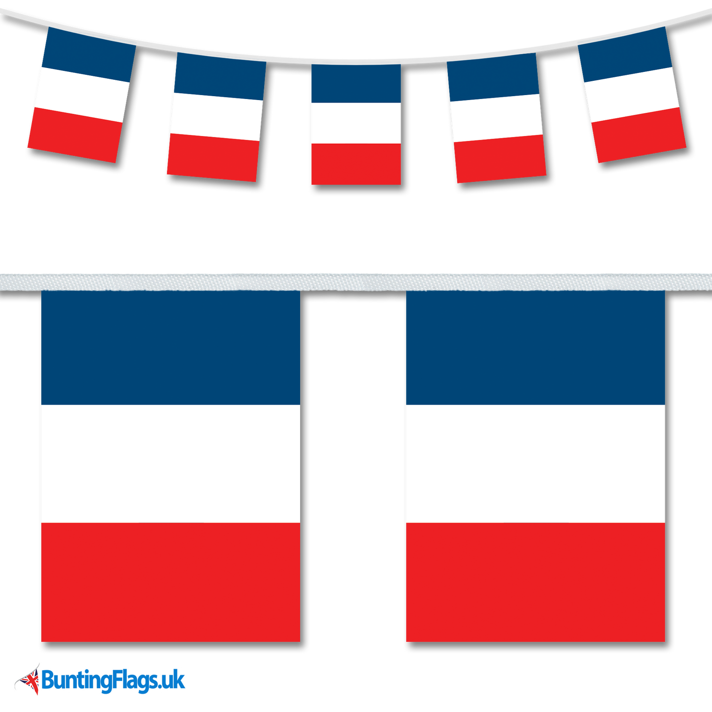 France country flag bunting (French Bunting) image, with the bunting hanging in a length, plus a close-up view showcasing the flag's colourful design.