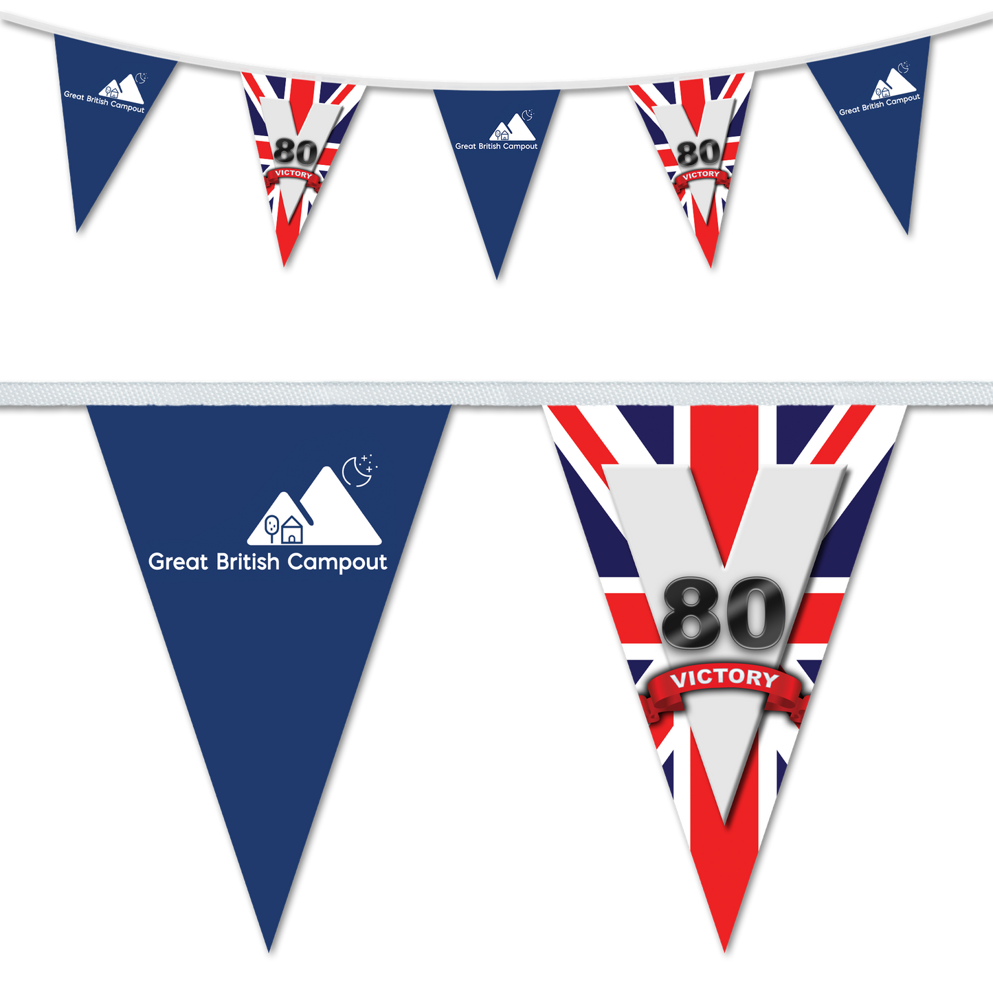 Triangular bunting flags with a combination of blue and red colors, featuring the Union Jack and the number 80 with the text 'VICTORY'. These are waterproof and made in Britain.