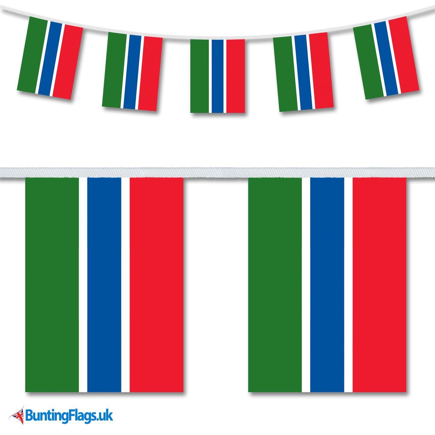 Gambia country flag bunting image, with the bunting hanging in a length, plus a close-up view showcasing the flag's colourful design.