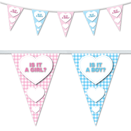 Gender reveal bunting featuring a plaid design - is it a boy or is it a girl, ideal of gender reveal parties