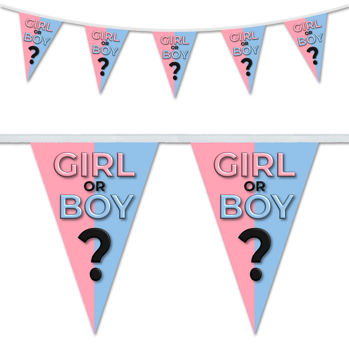 Gender reveal bunting with a split blue and pink design, ideal of gender reveal parties